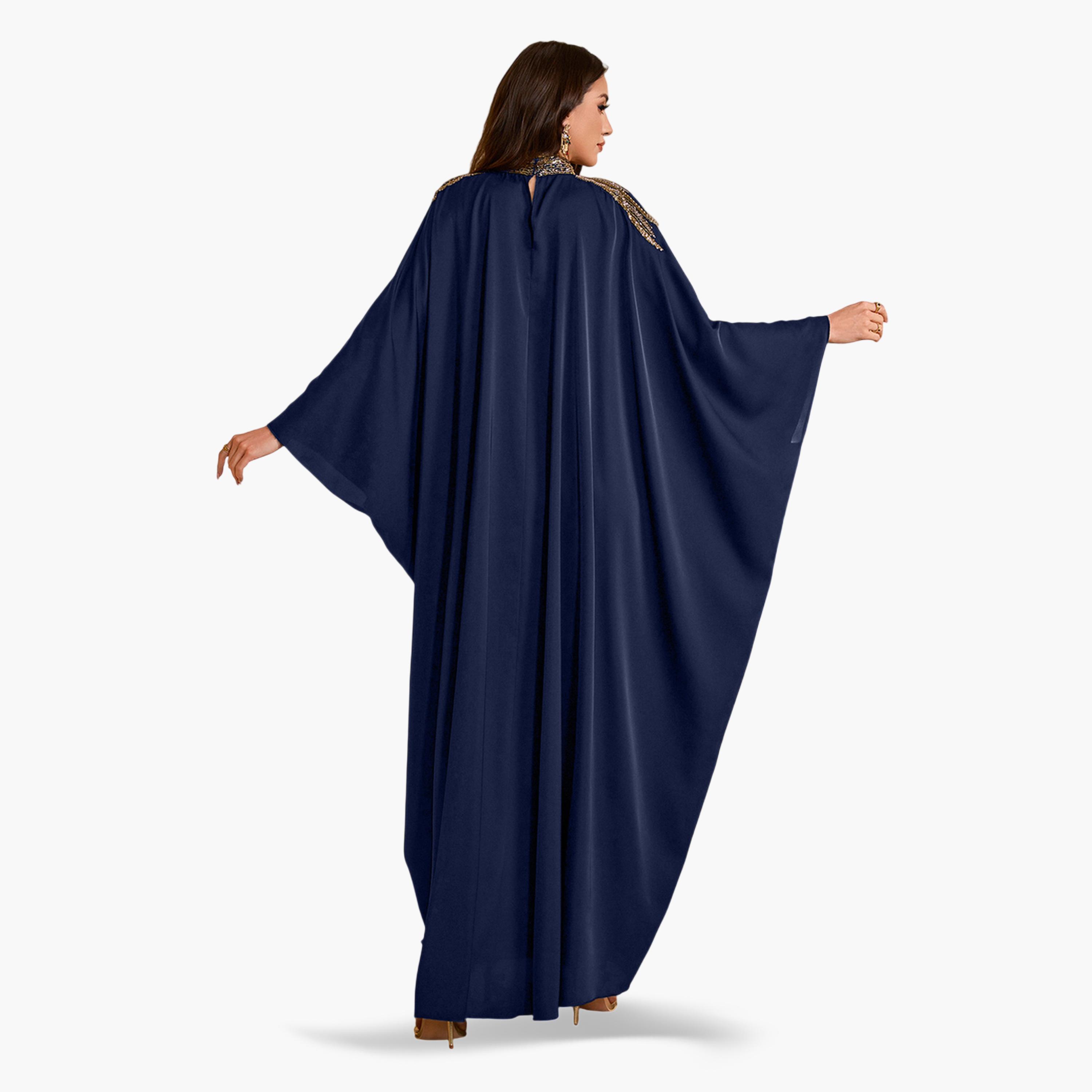 قفطان طويل بياقة عالية وقصة قصة صدر منمقة بالترتر-women-arabicclothing-kaftan-image-5