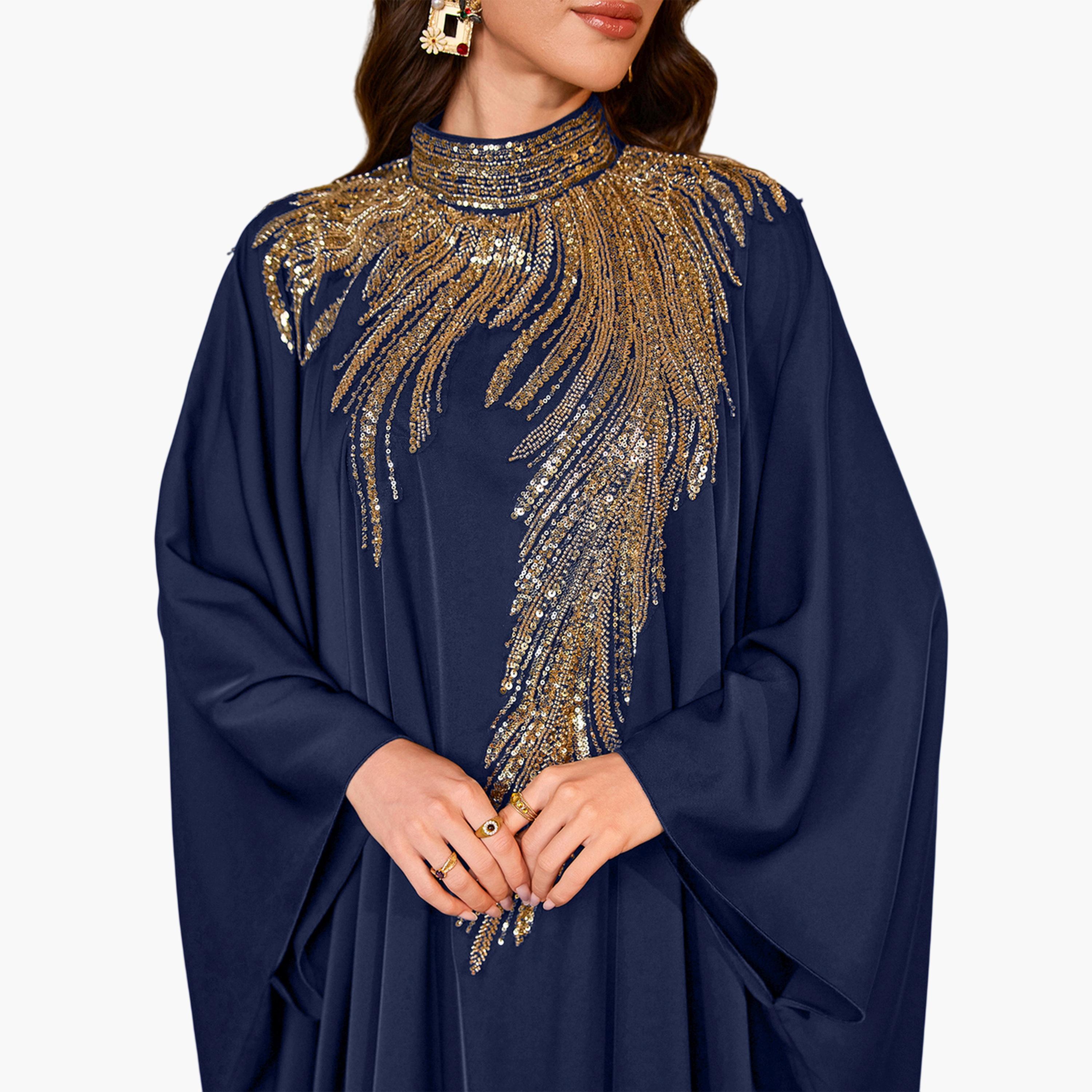 قفطان طويل بياقة عالية وقصة قصة صدر منمقة بالترتر-women-arabicclothing-kaftan-image-6