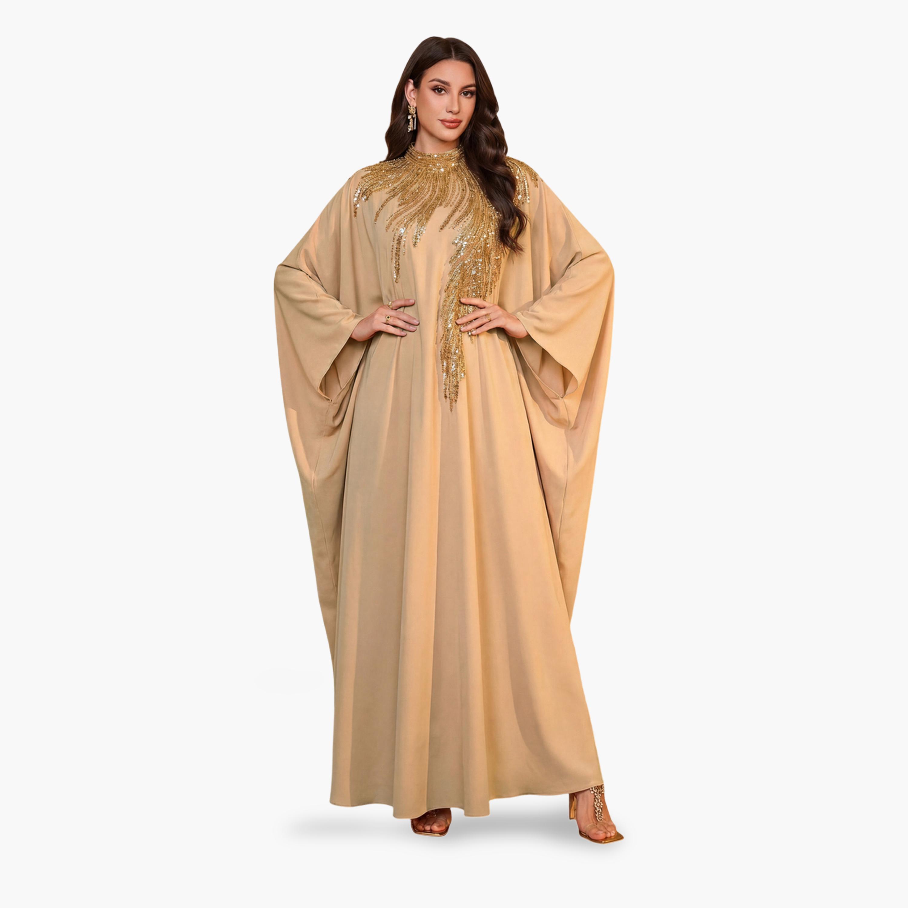 قفطان مزين بالترتر باللون البيج-women-arabicclothing-kaftan-image-1