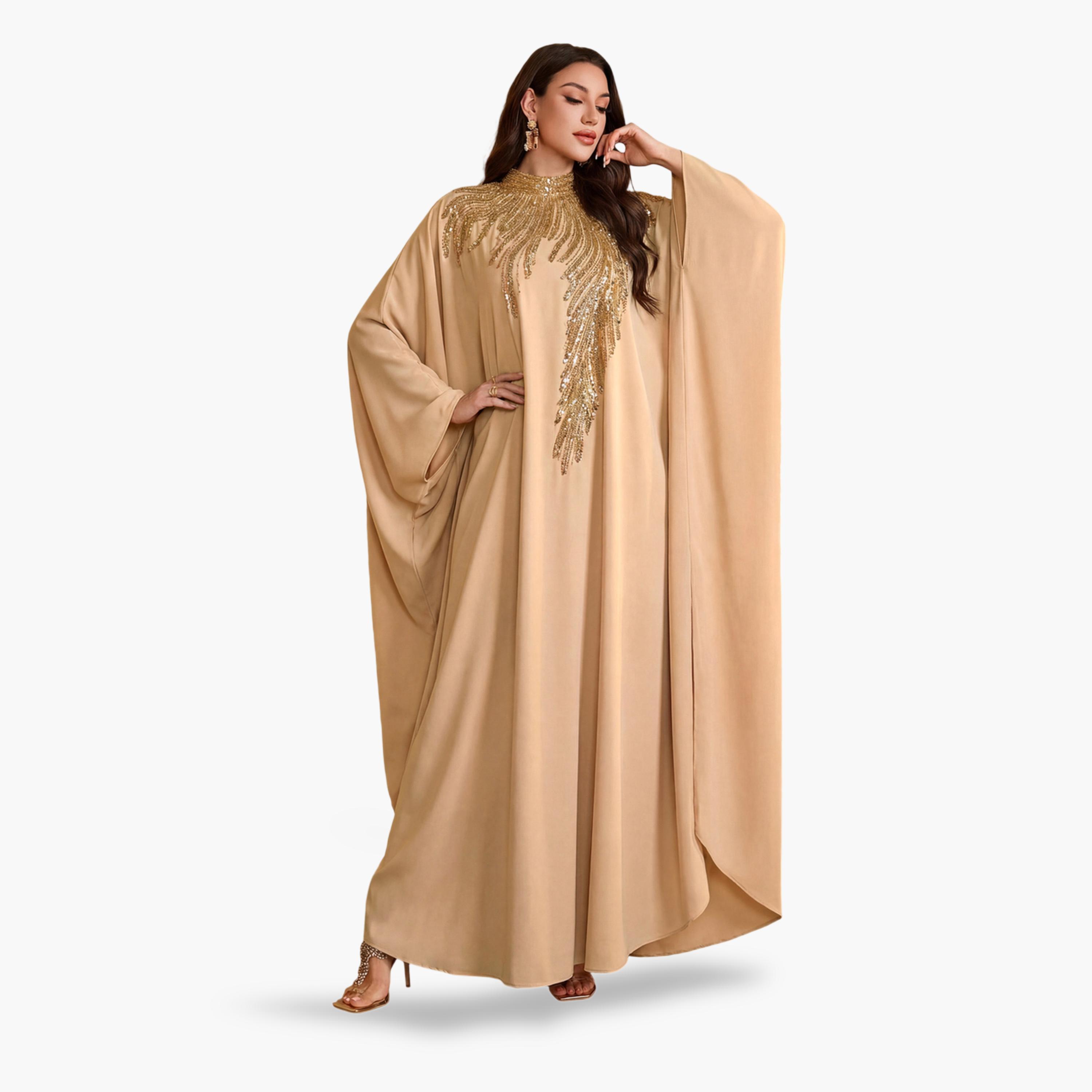 قفطان مزين بالترتر باللون البيج-women-arabicclothing-kaftan-image-3