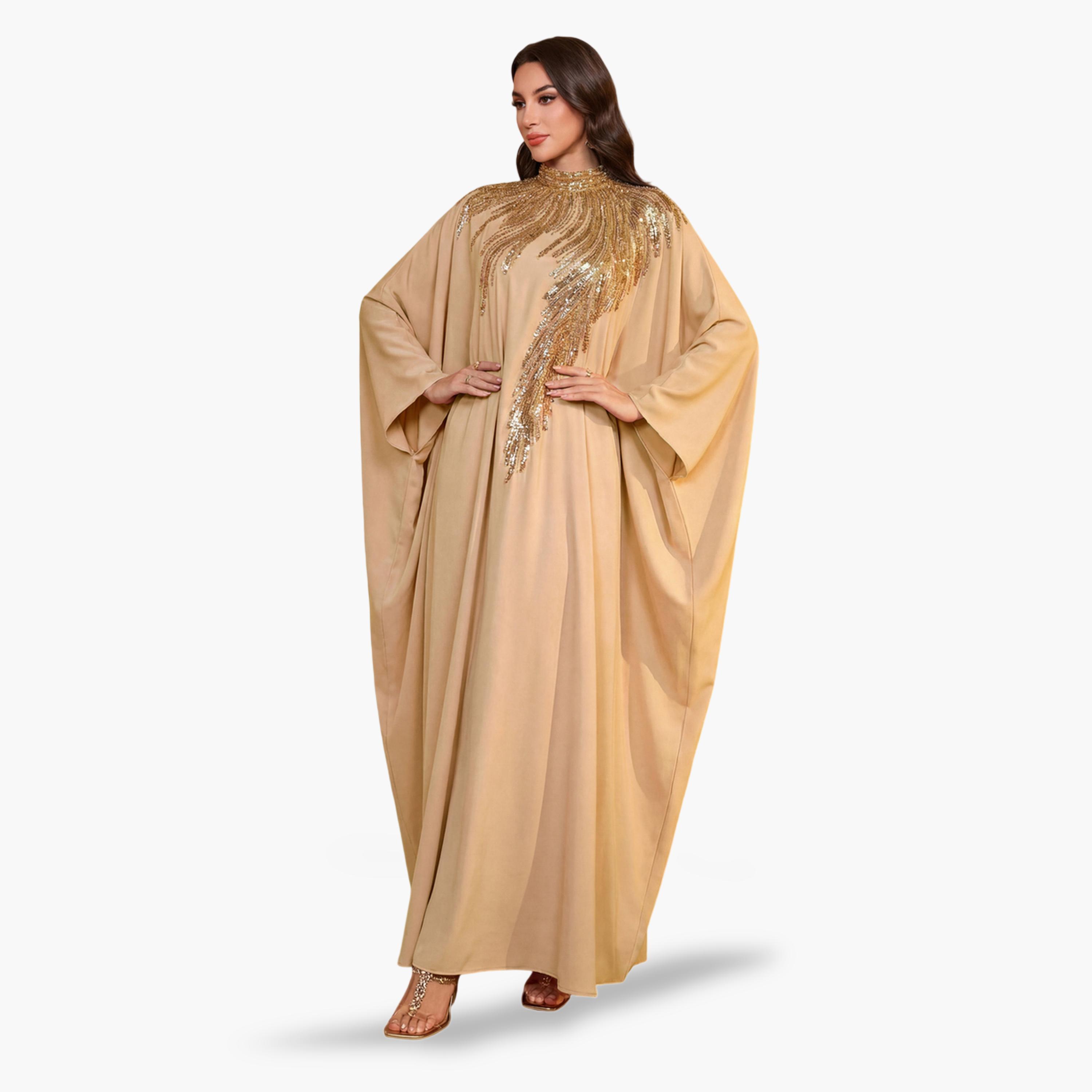 قفطان مزين بالترتر باللون البيج-women-arabicclothing-kaftan-image-4