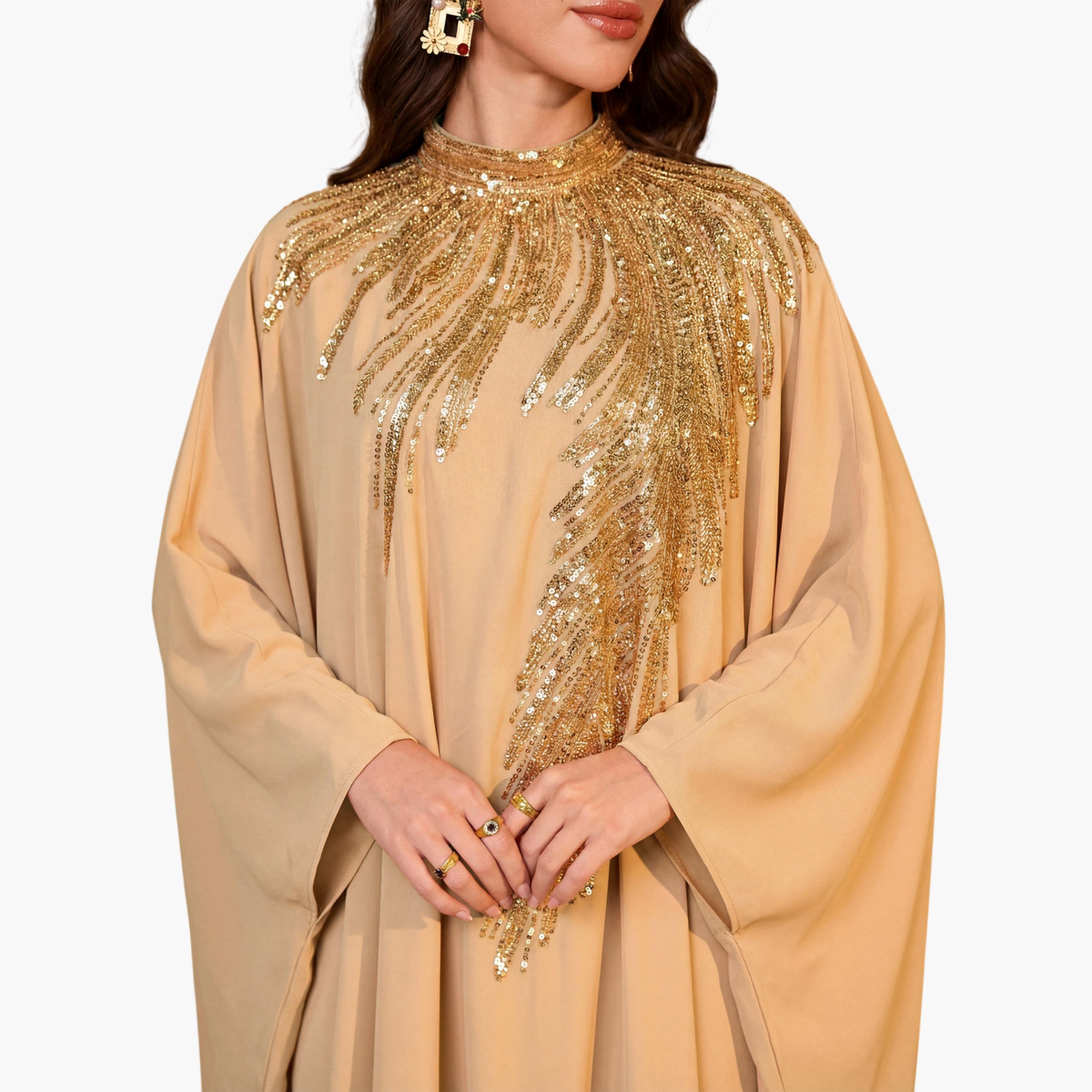 قفطان مزين بالترتر باللون البيج-women-arabicclothing-kaftan-image-6