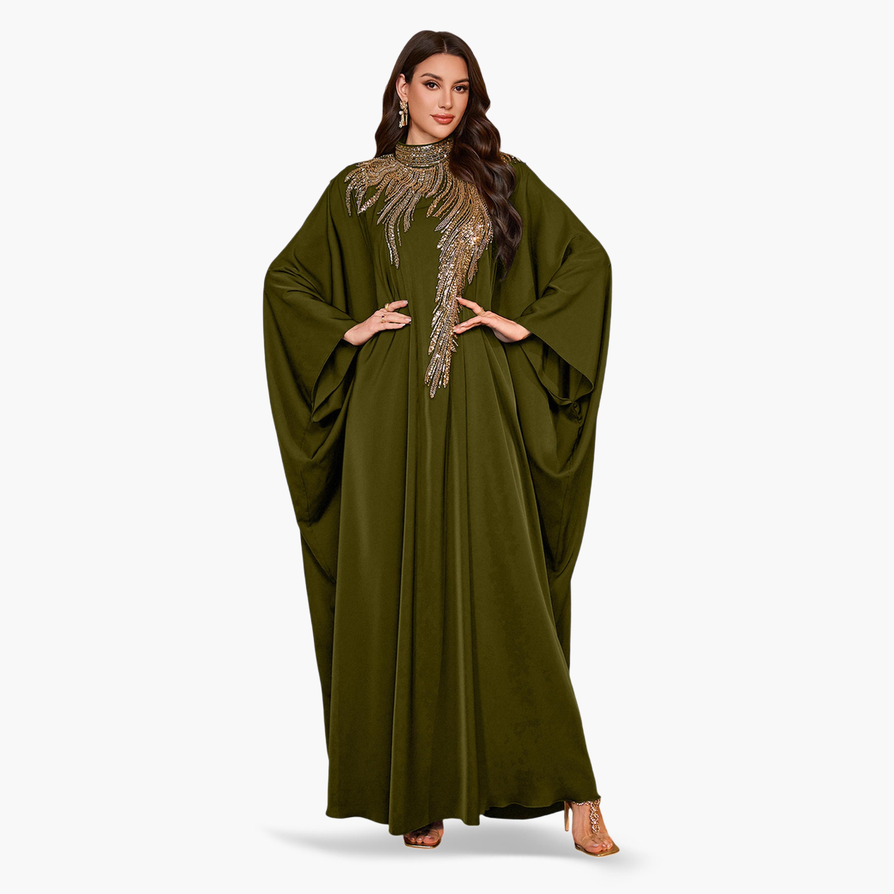 قفطان طويل بمقاس كبير بياقة عالية وقصة قصة صدر منمقة بالترتر-women-arabicclothing-kaftan-image-1