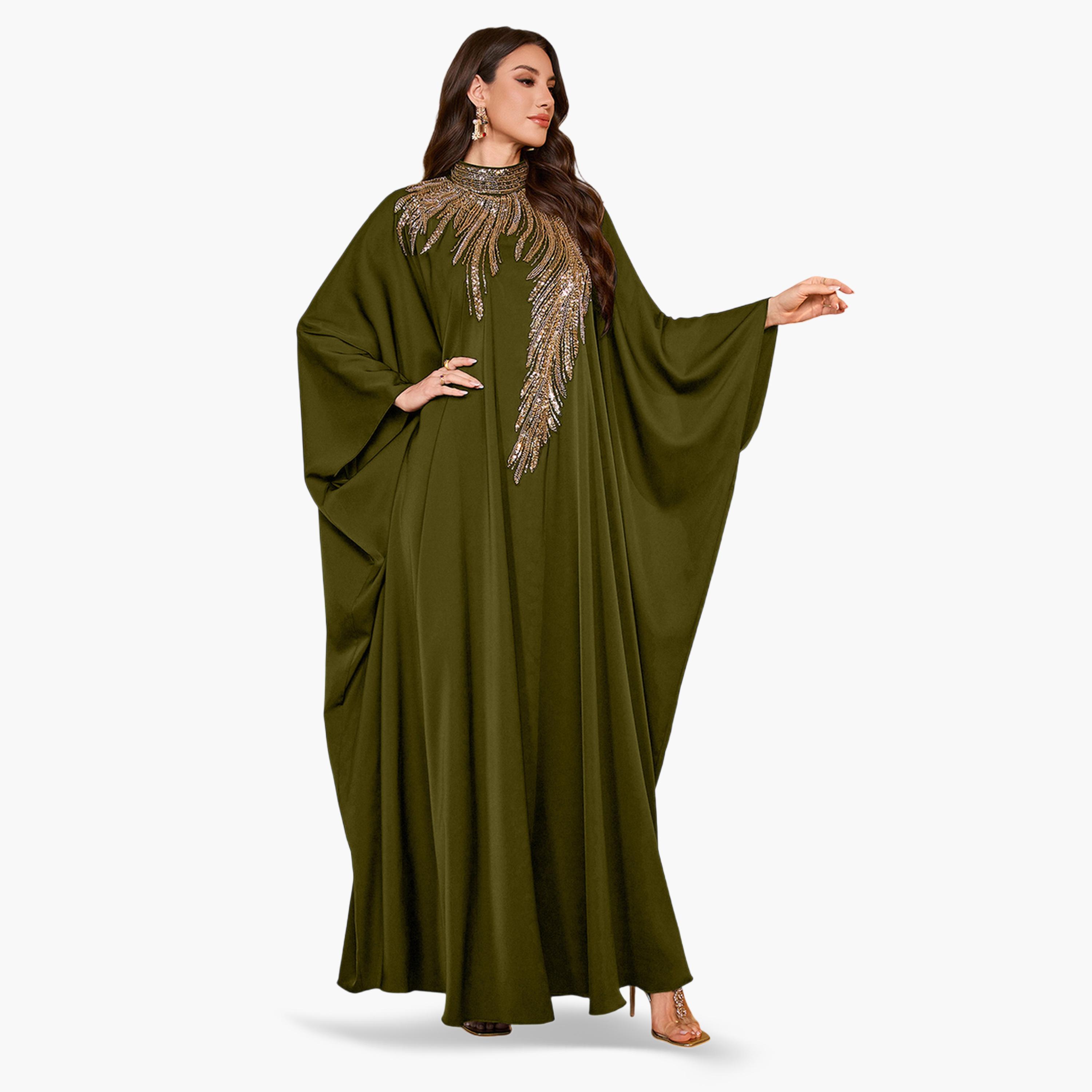 قفطان طويل بمقاس كبير بياقة عالية وقصة قصة صدر منمقة بالترتر-women-arabicclothing-kaftan-image-2