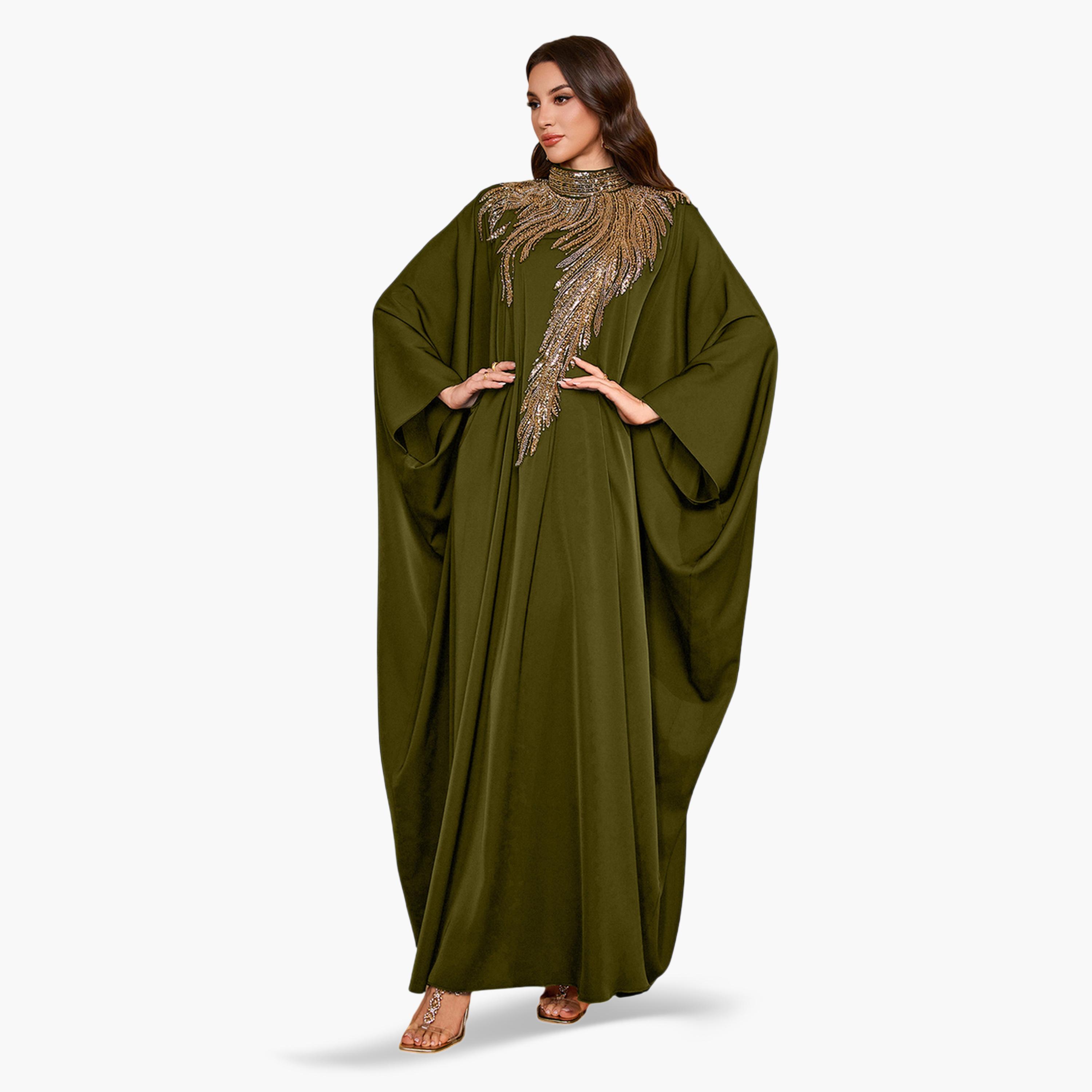 قفطان طويل بمقاس كبير بياقة عالية وقصة قصة صدر منمقة بالترتر-women-arabicclothing-kaftan-image-3