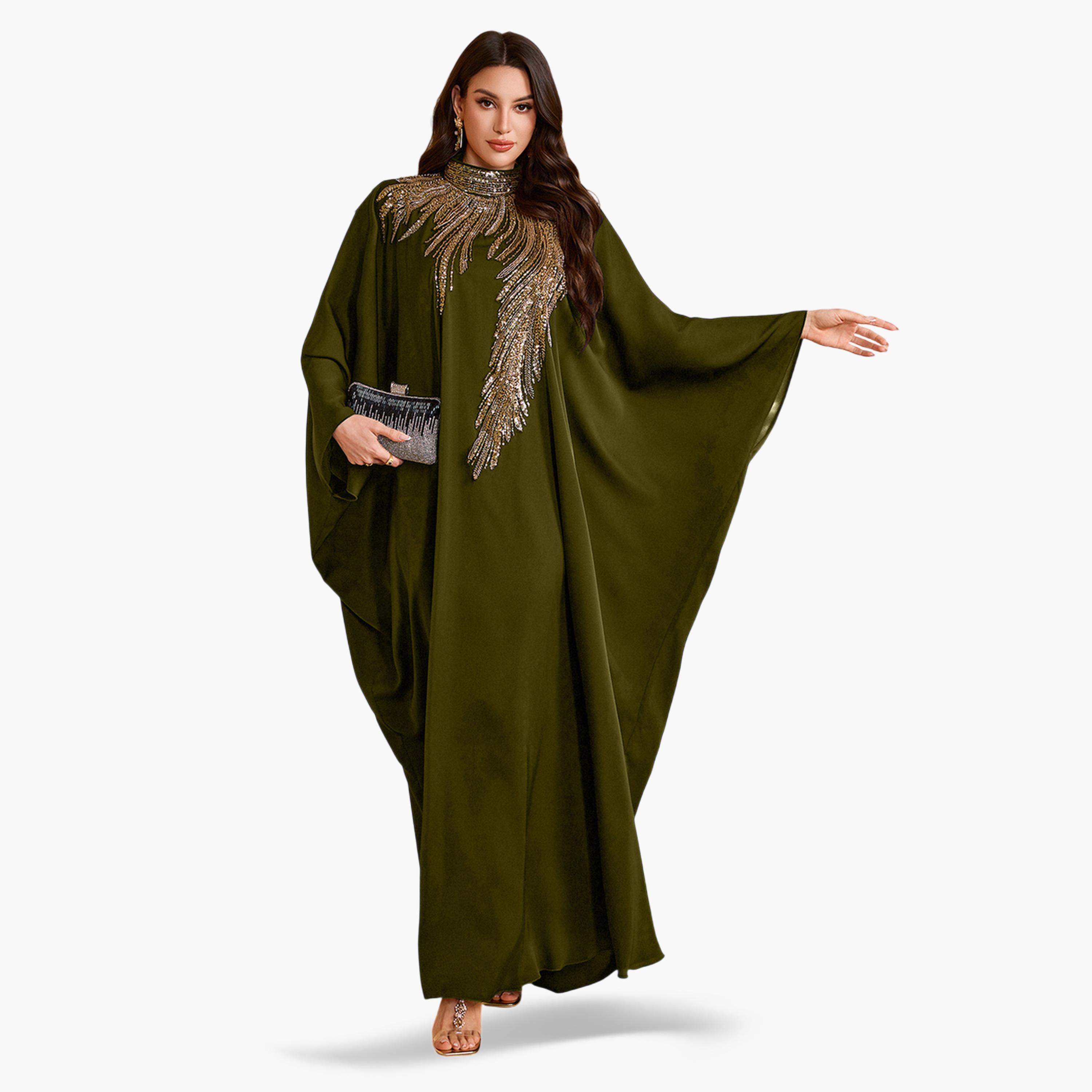 قفطان طويل بمقاس كبير بياقة عالية وقصة قصة صدر منمقة بالترتر-women-arabicclothing-kaftan-image-4