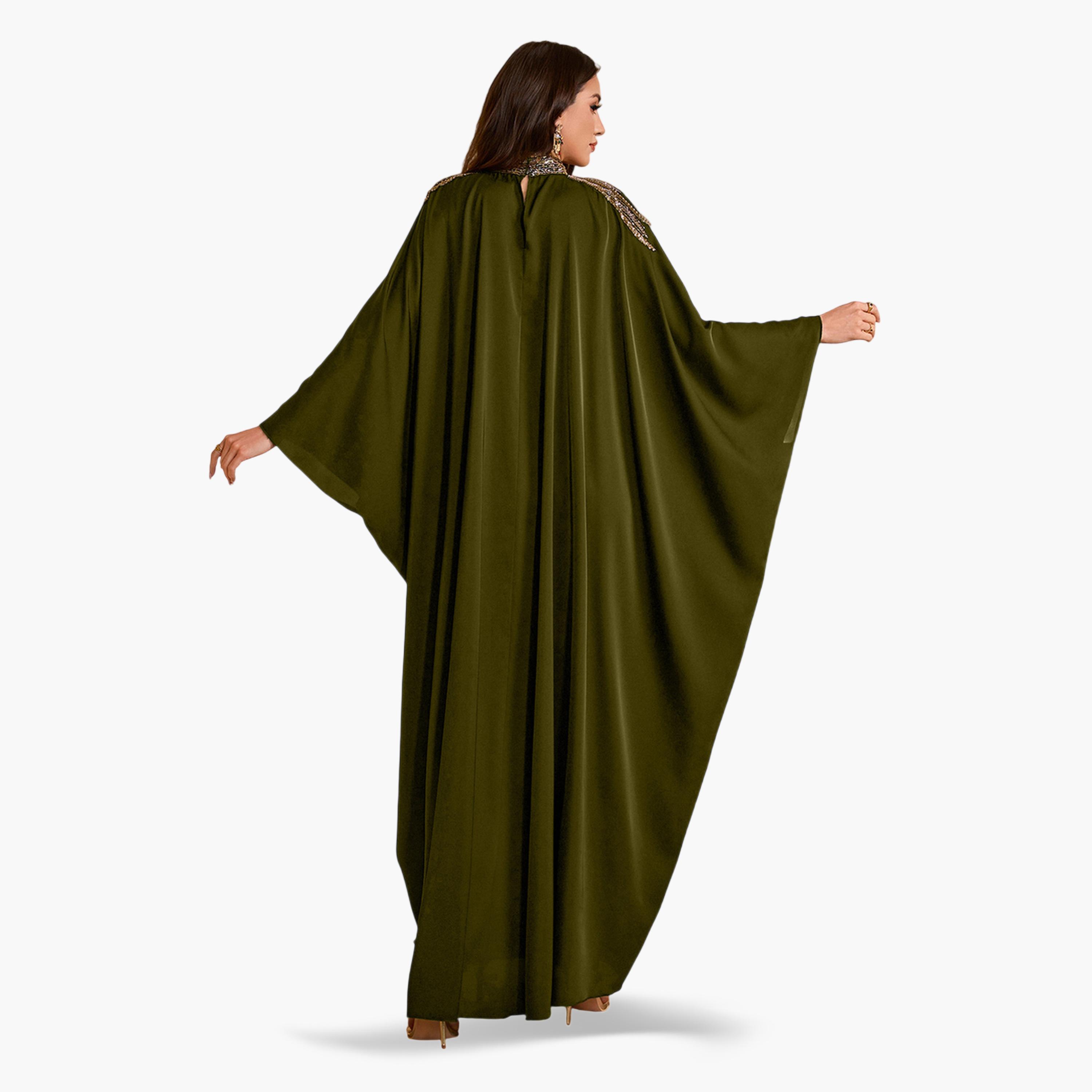 قفطان طويل بمقاس كبير بياقة عالية وقصة قصة صدر منمقة بالترتر-women-arabicclothing-kaftan-image-5