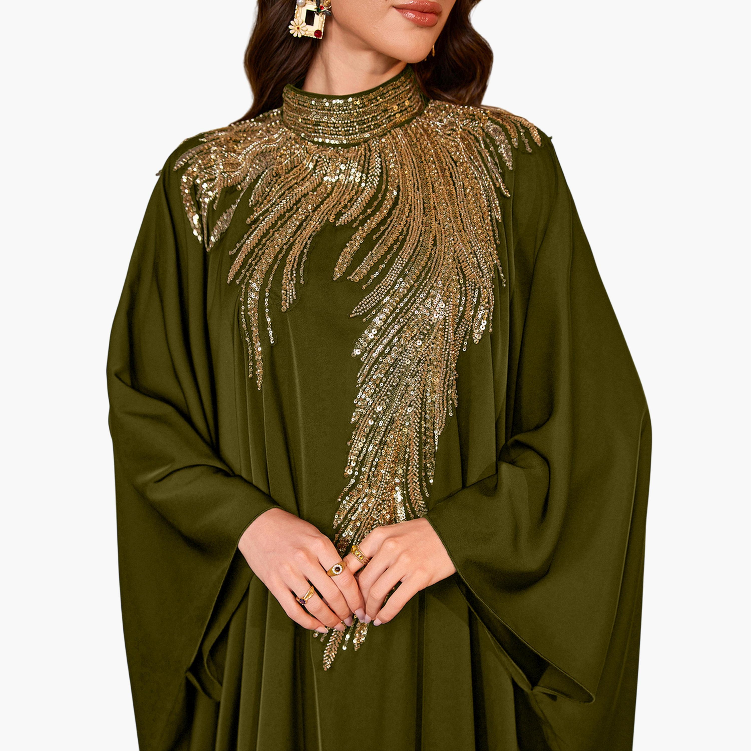 قفطان طويل بمقاس كبير بياقة عالية وقصة قصة صدر منمقة بالترتر-women-arabicclothing-kaftan-image-6