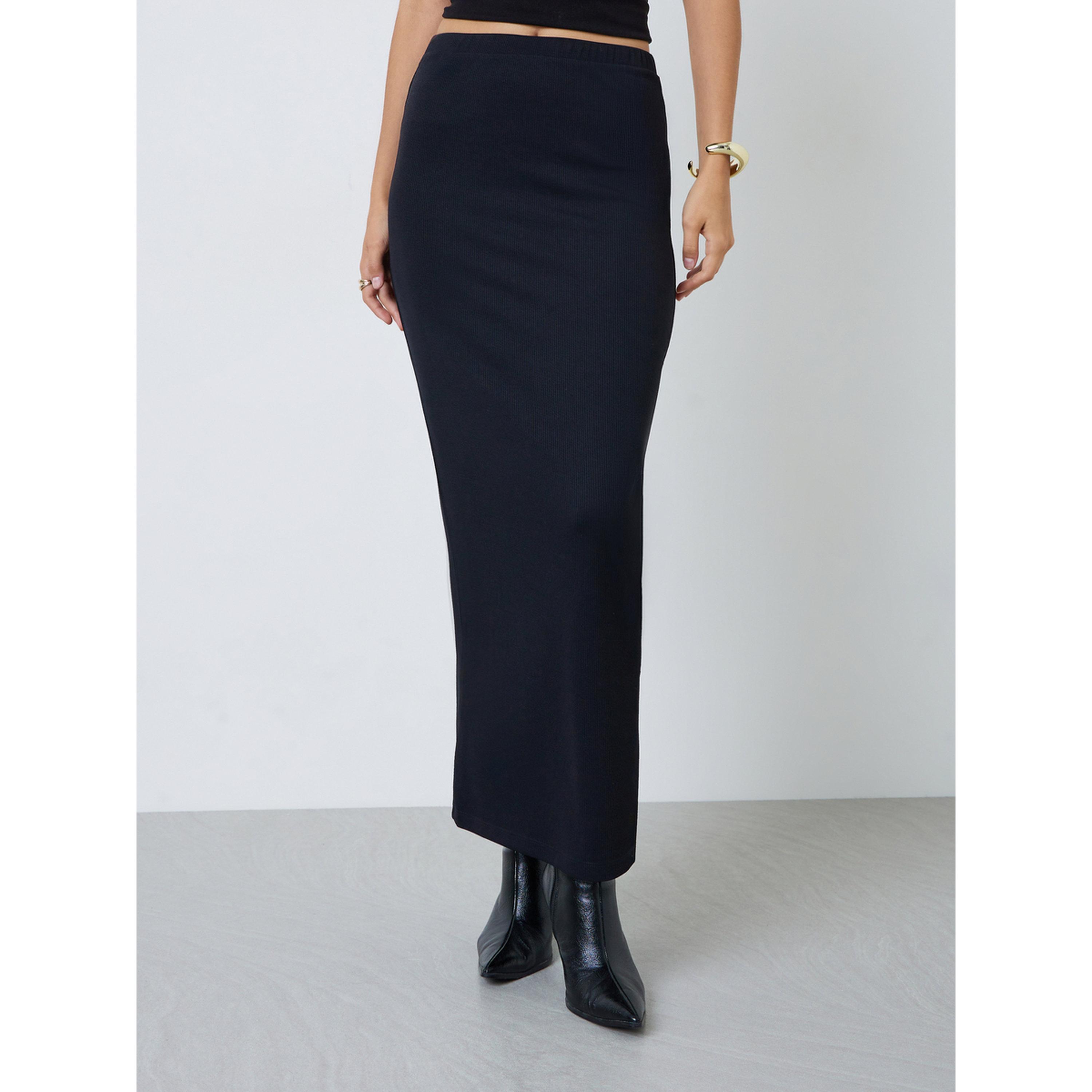 Styli Black Ribbed Straight Fit Maxi Skirt-women-clothing-skirts-image-1