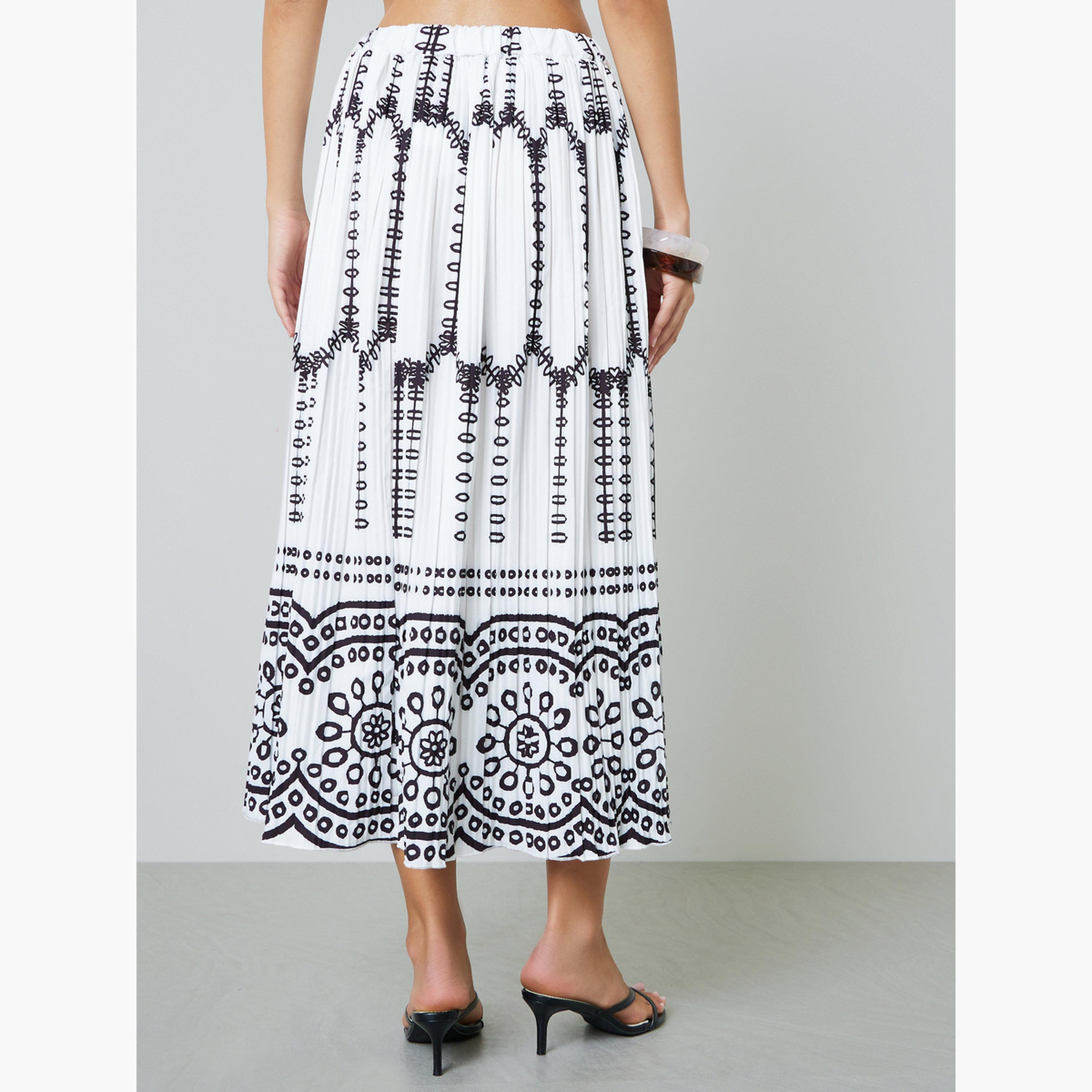 تنورة ميدي بكسرات وحافة واسعة بنقوش متعددة-women-clothing-skirts-image-4