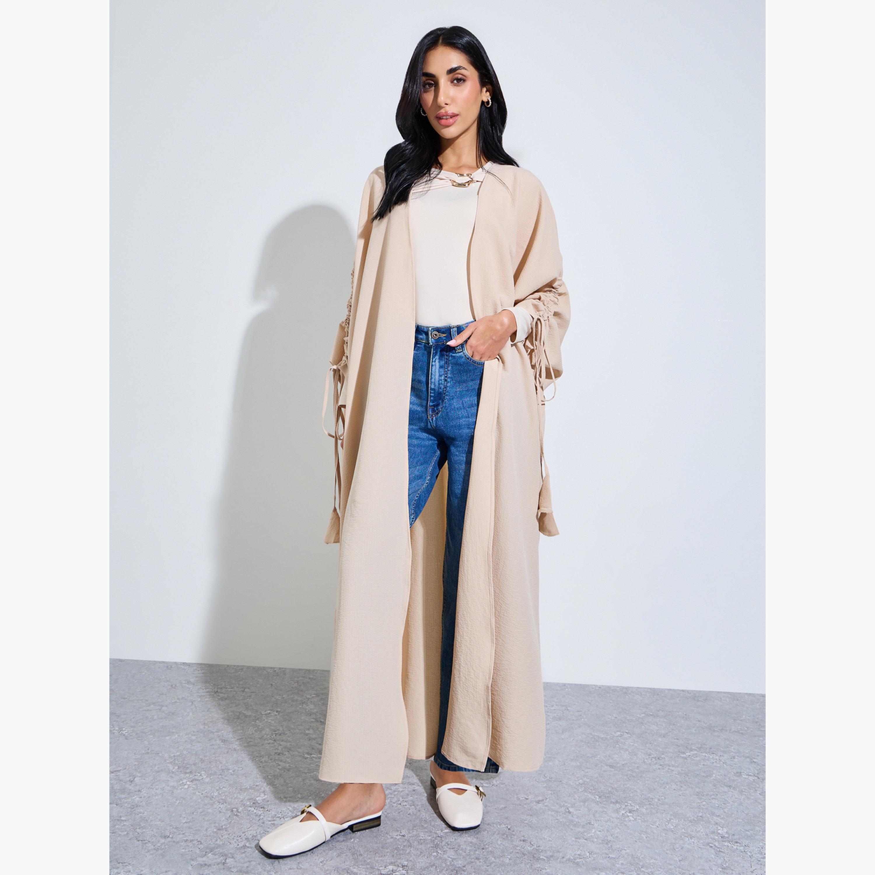 Styli Beige Front Open Ruched Sleeve Abaya-women-arabicclothing-abayas-image-1