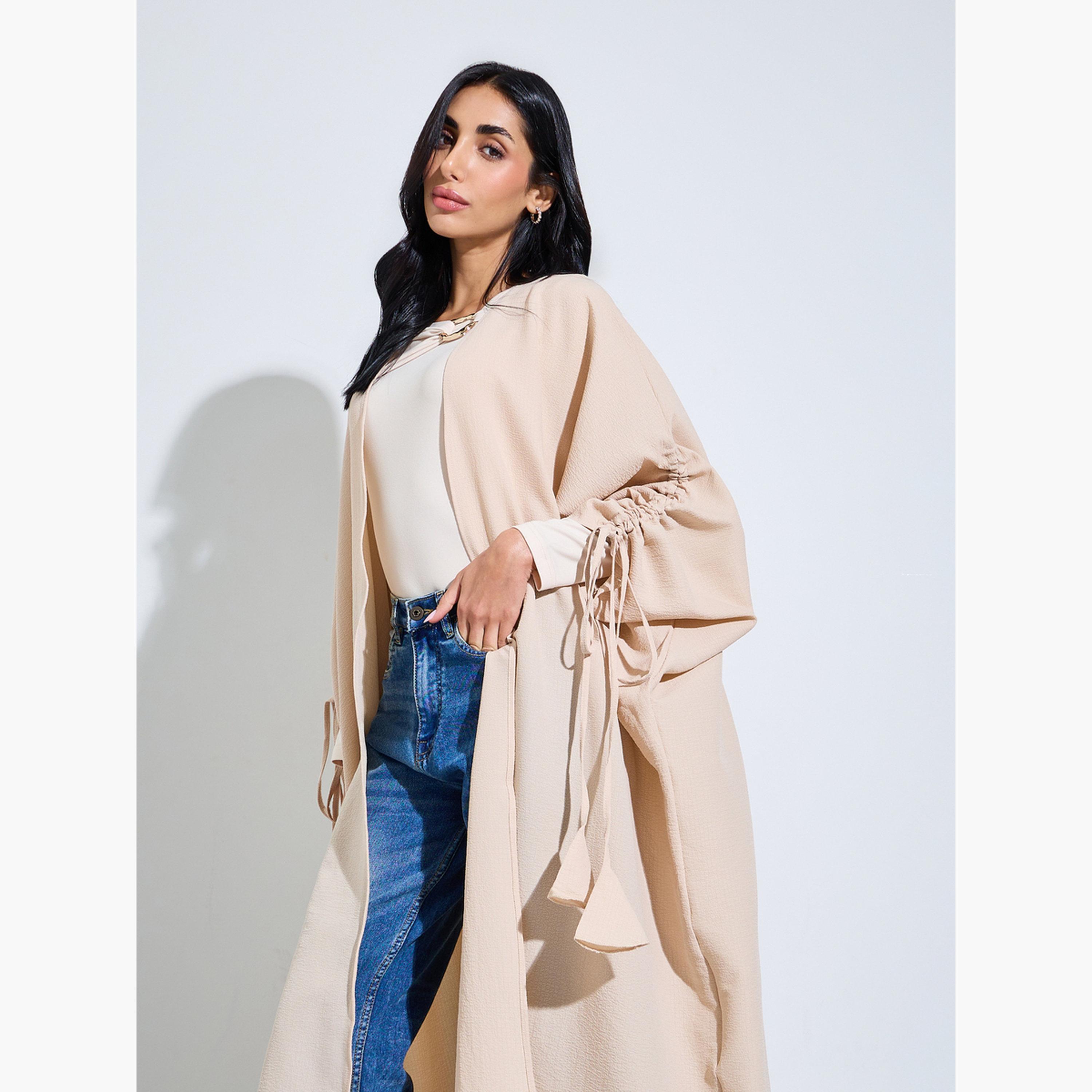 Styli Beige Front Open Ruched Sleeve Abaya-women-arabicclothing-abayas-image-2