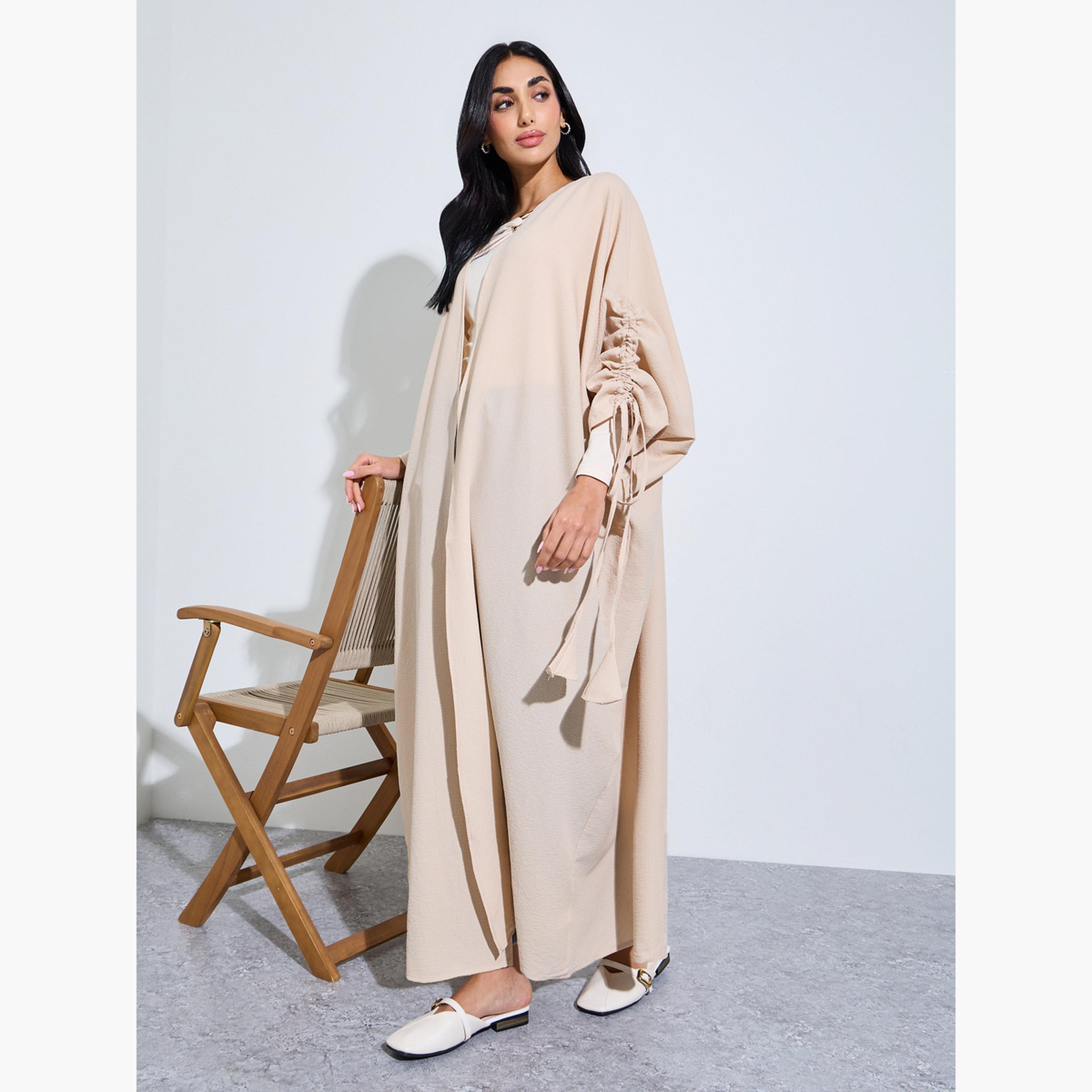 Styli Beige Front Open Ruched Sleeve Abaya-women-arabicclothing-abayas-image-3