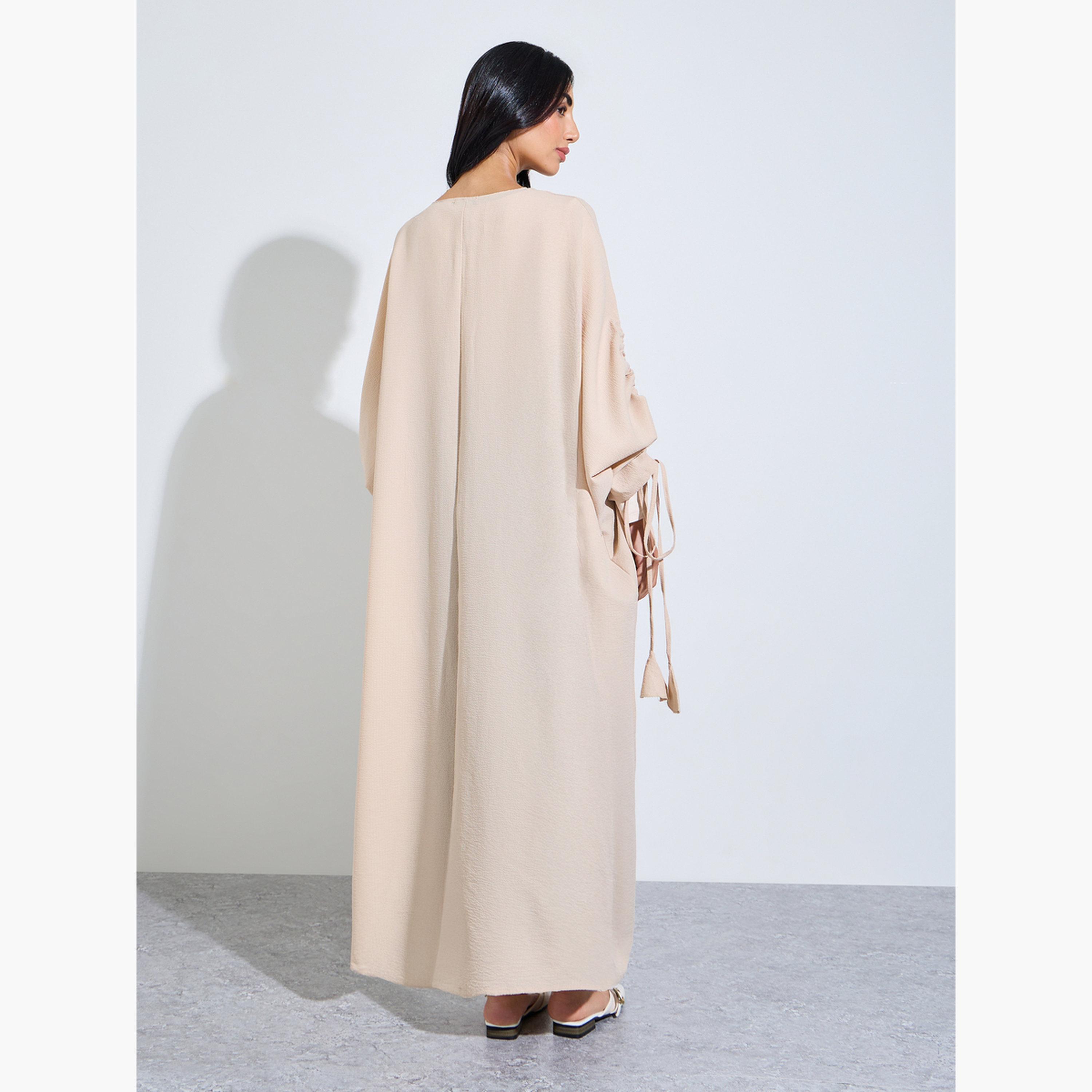 Styli Beige Front Open Ruched Sleeve Abaya-women-arabicclothing-abayas-image-4