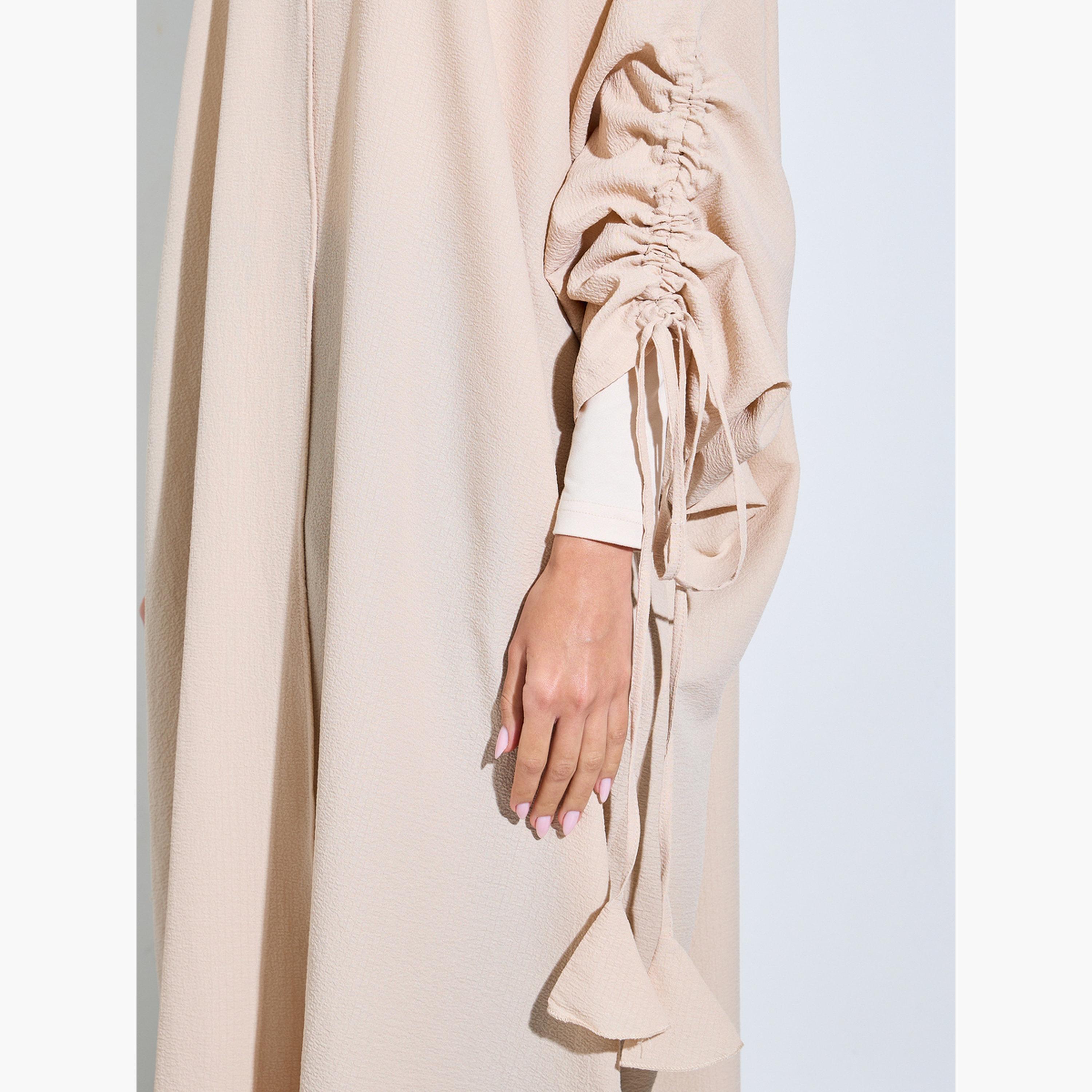 Styli Beige Front Open Ruched Sleeve Abaya-women-arabicclothing-abayas-image-5