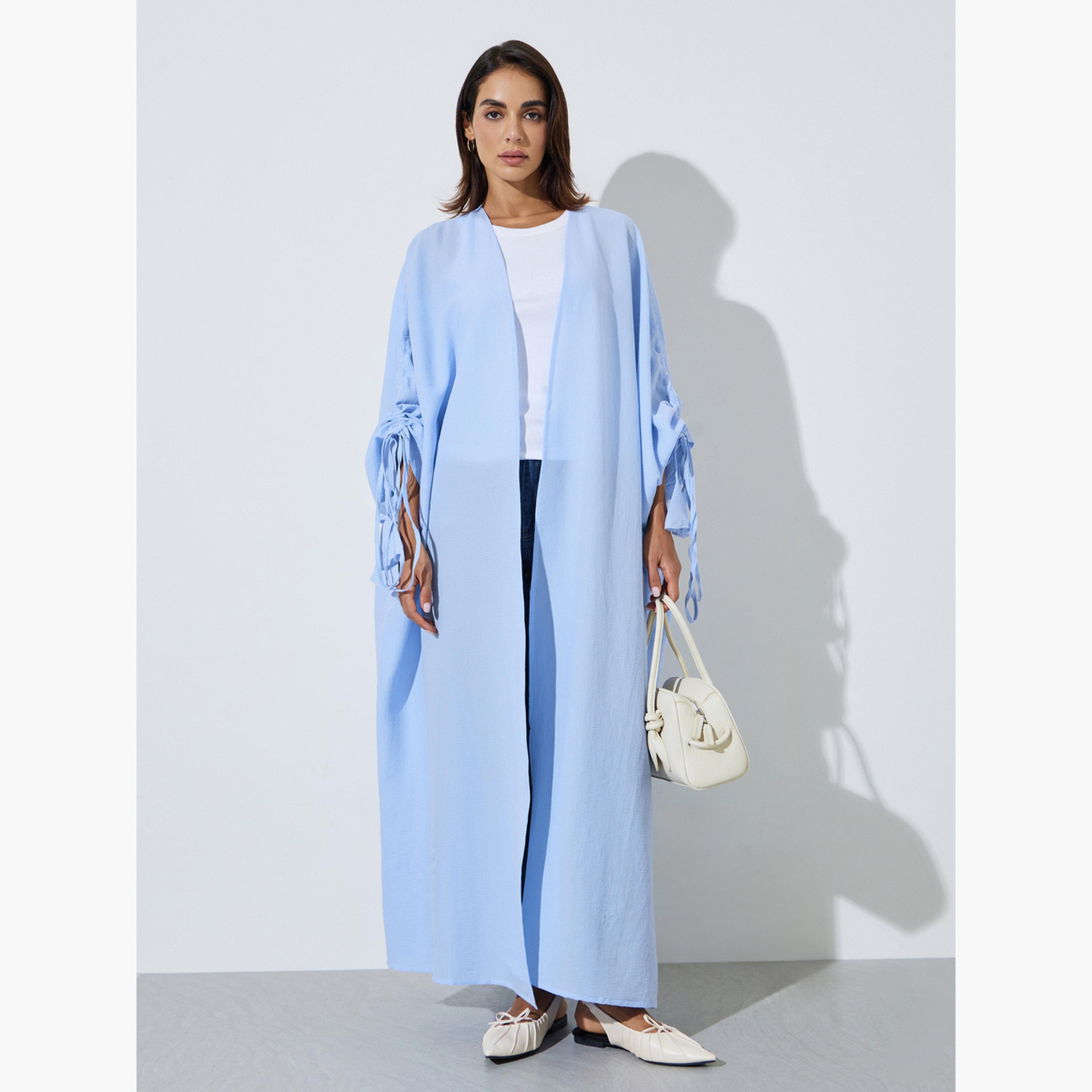 Styli Blue Front Open Ruched Sleeve Abaya-women-arabicclothing-abayas-image-1