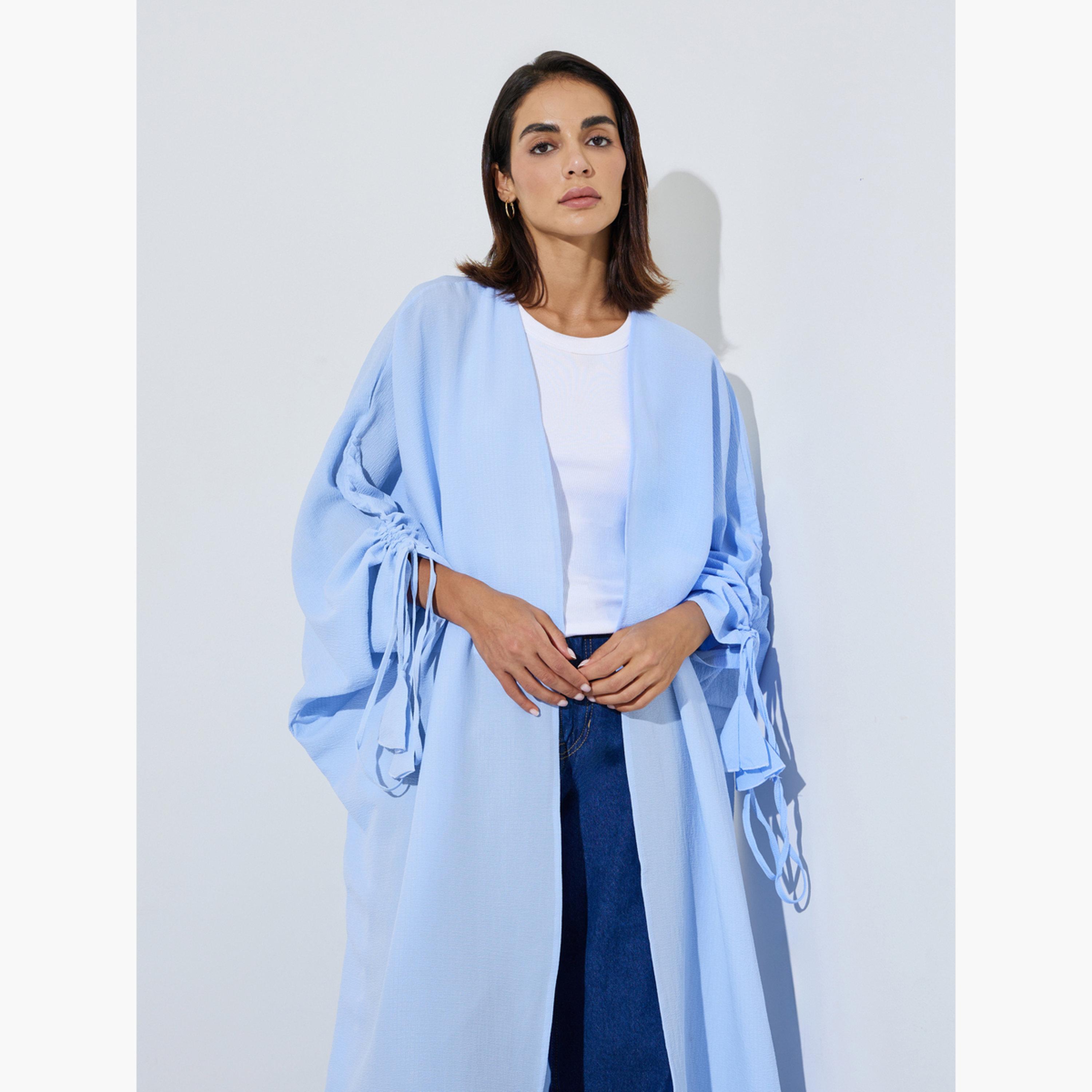 Styli Blue Front Open Ruched Sleeve Abaya-women-arabicclothing-abayas-image-2