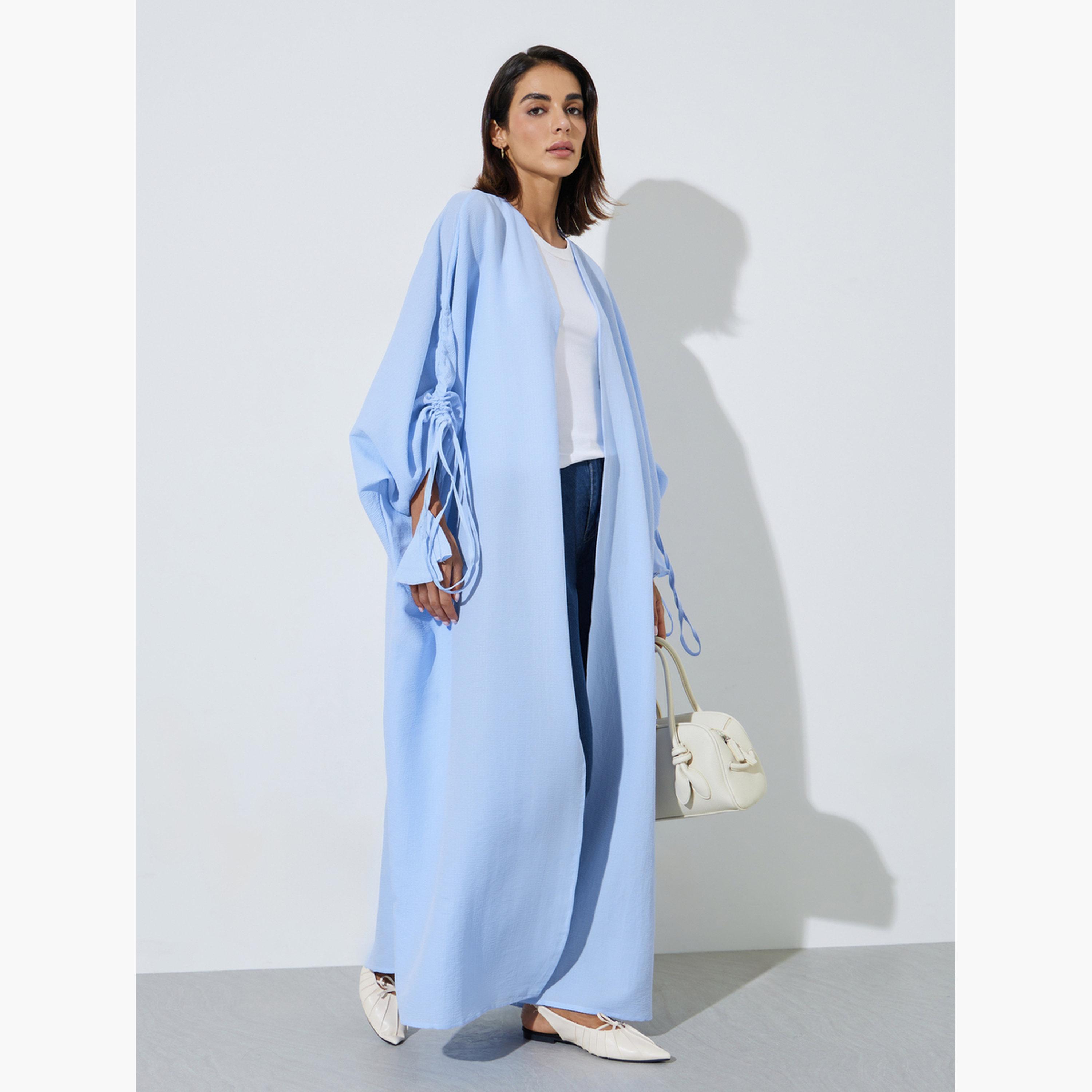 Styli Blue Front Open Ruched Sleeve Abaya-women-arabicclothing-abayas-image-3