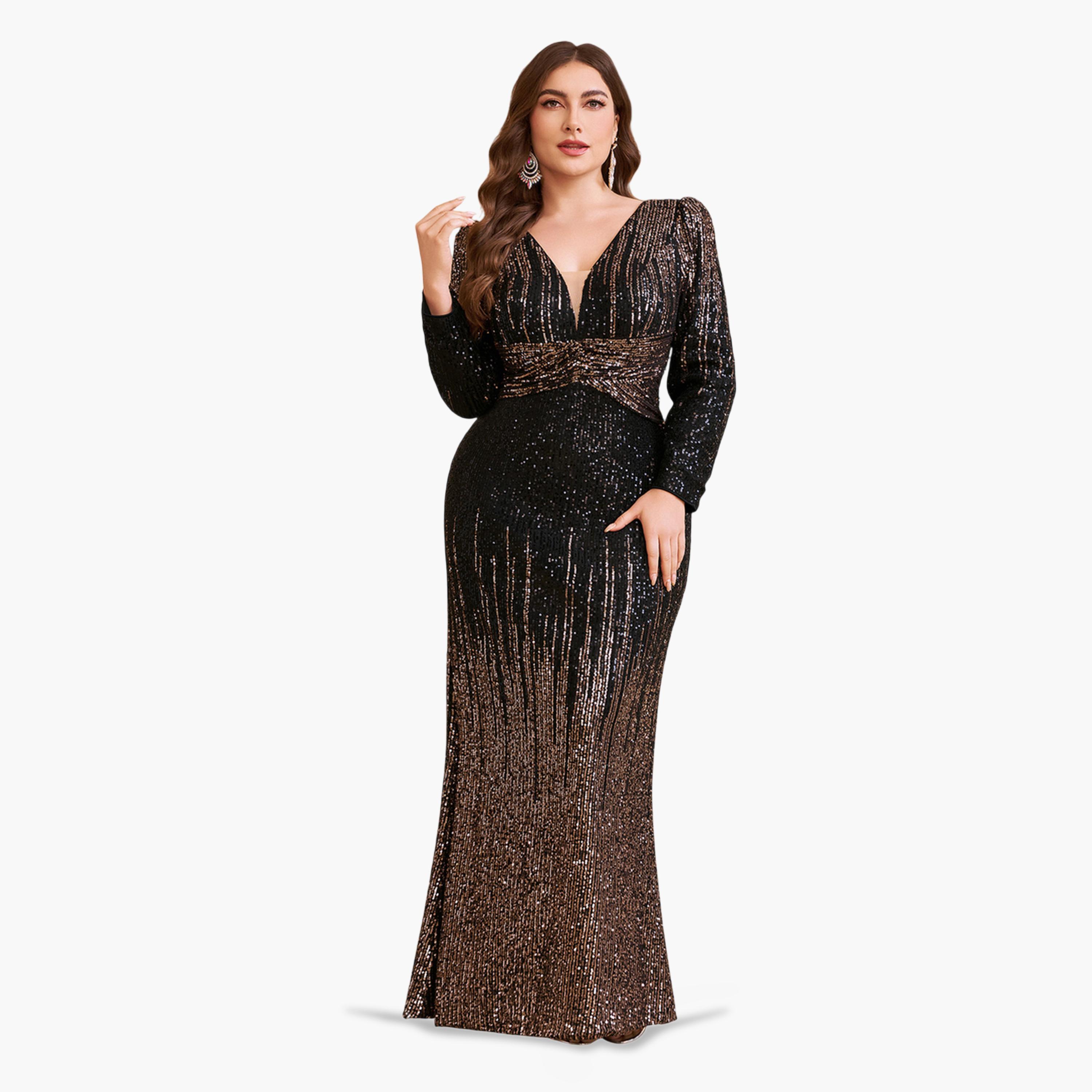 فستان طويل بالترتر بمقاس كبير بلون أسود-women-clothing-dresses-image-1