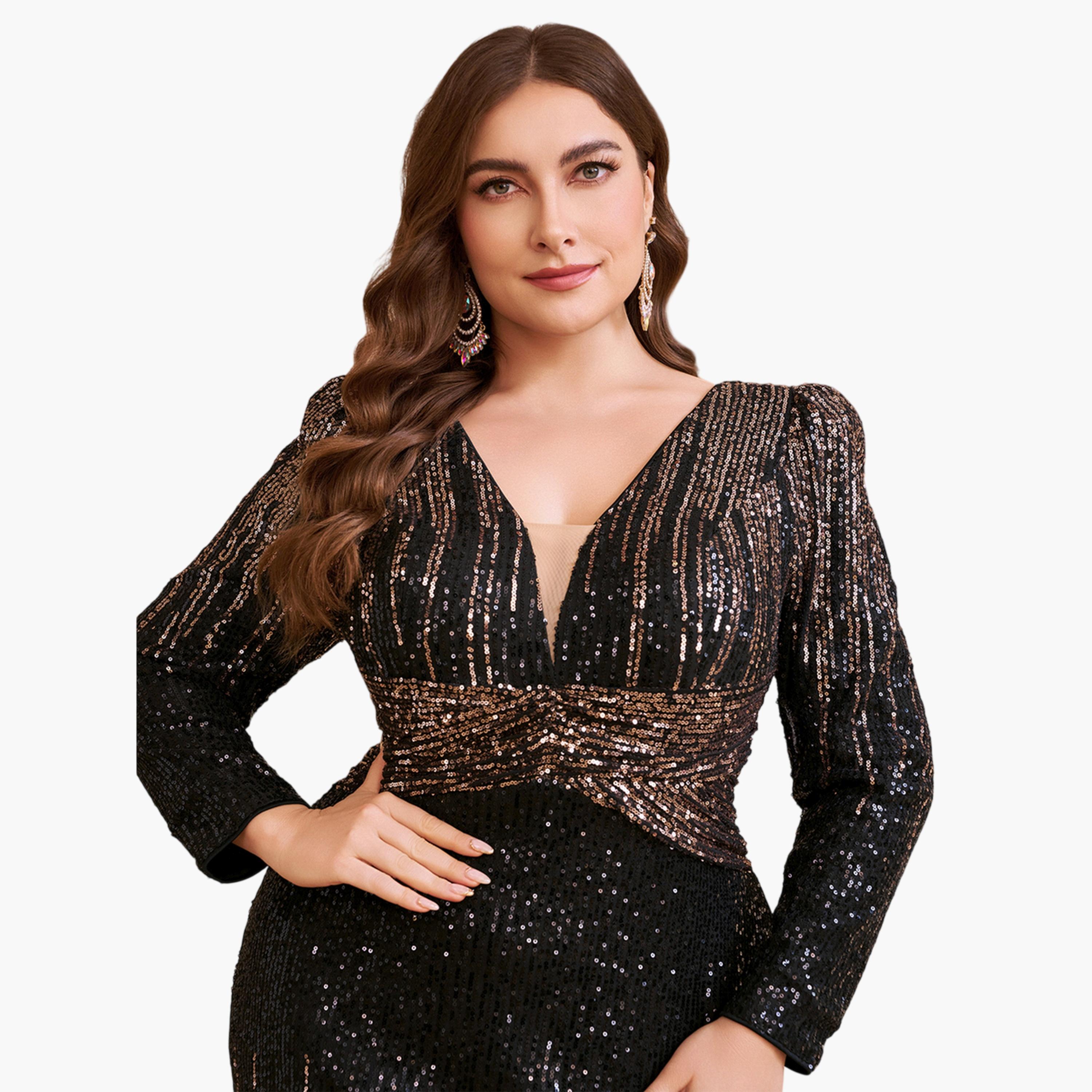 فستان طويل بالترتر بمقاس كبير بلون أسود-women-clothing-dresses-image-3