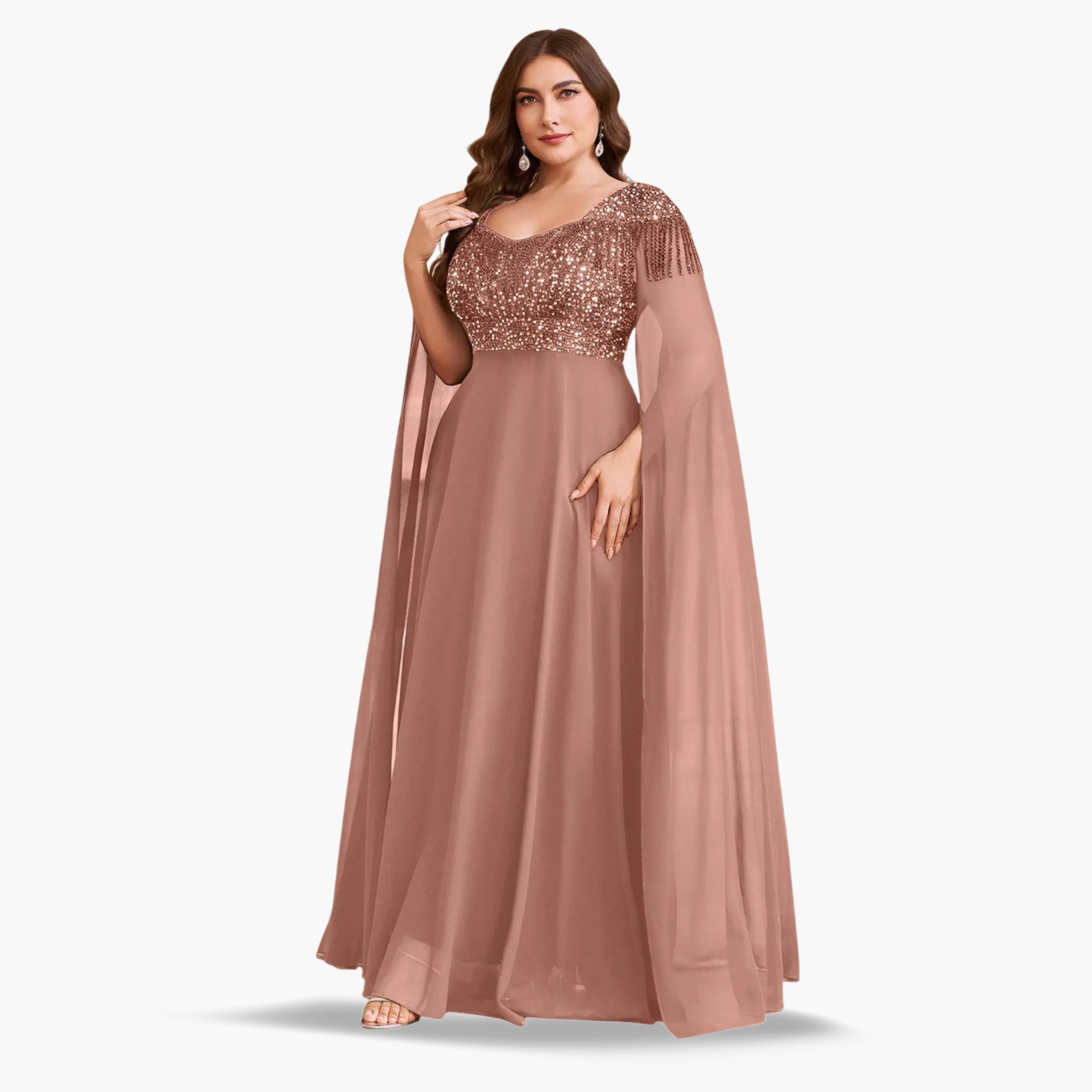 SUPGIR X Styli Plus Size Coffee Brown Sequined Chiffon A-Line Maxi Dress-women-clothing-dresses-image-1