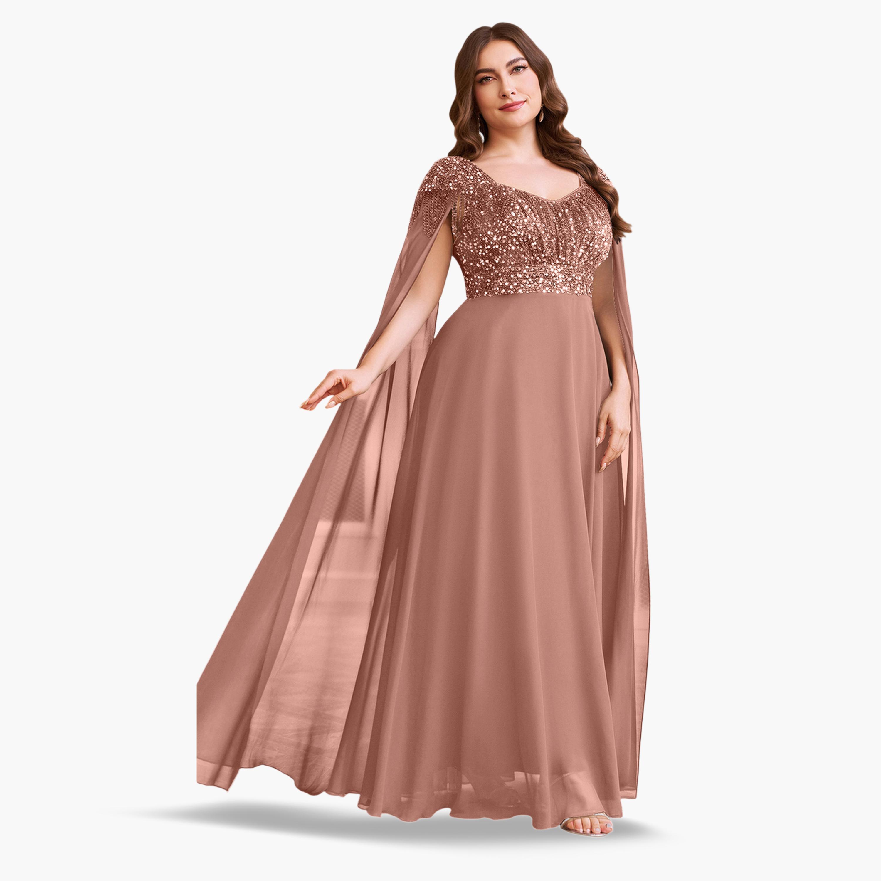 SUPGIR X Styli Plus Size Coffee Brown Sequined Chiffon A-Line Maxi Dress-women-clothing-dresses-image-2