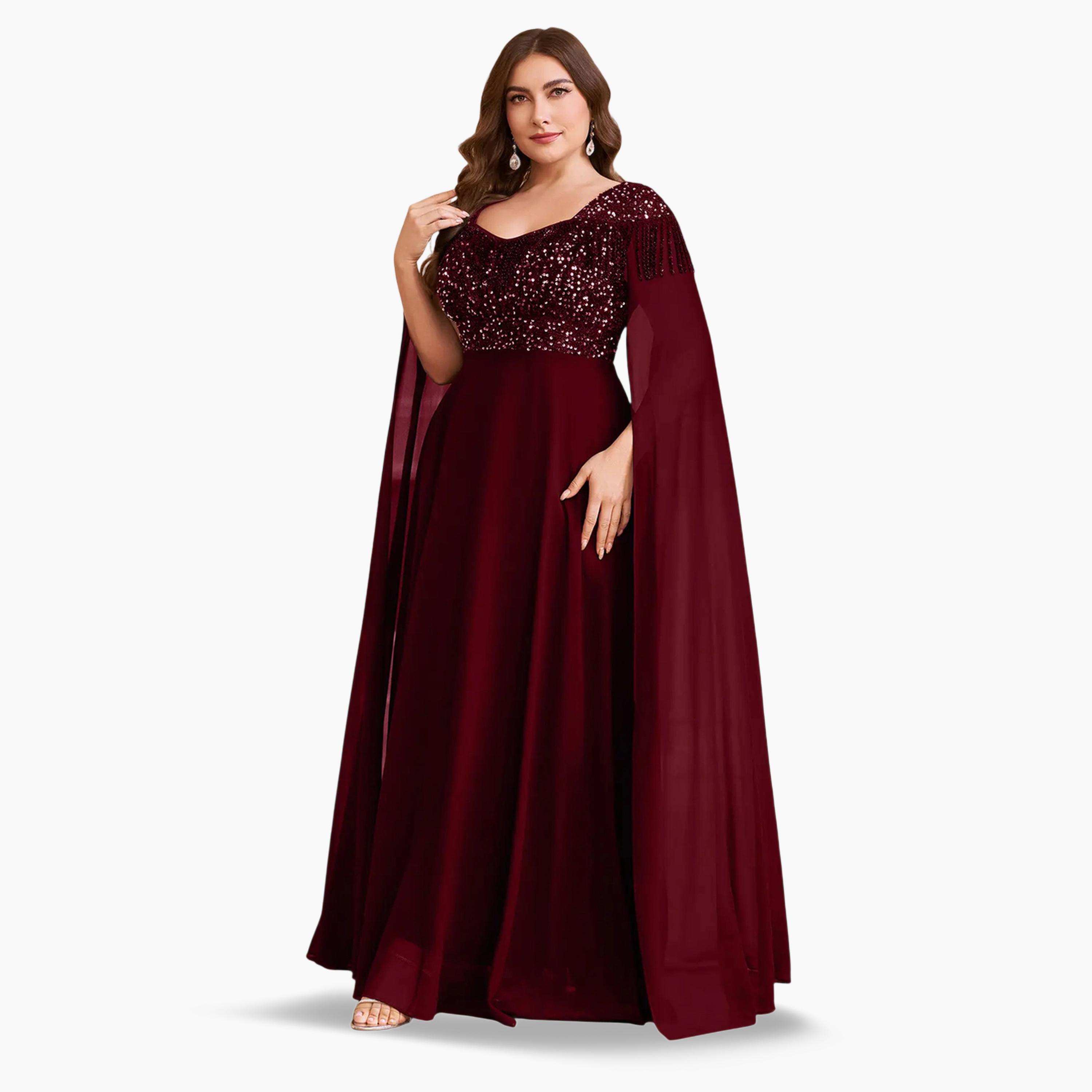 فستان طويل بحافة واسعة ومقاس كبير شيفون ومنمق بالترتر-women-clothing-dresses-image-1