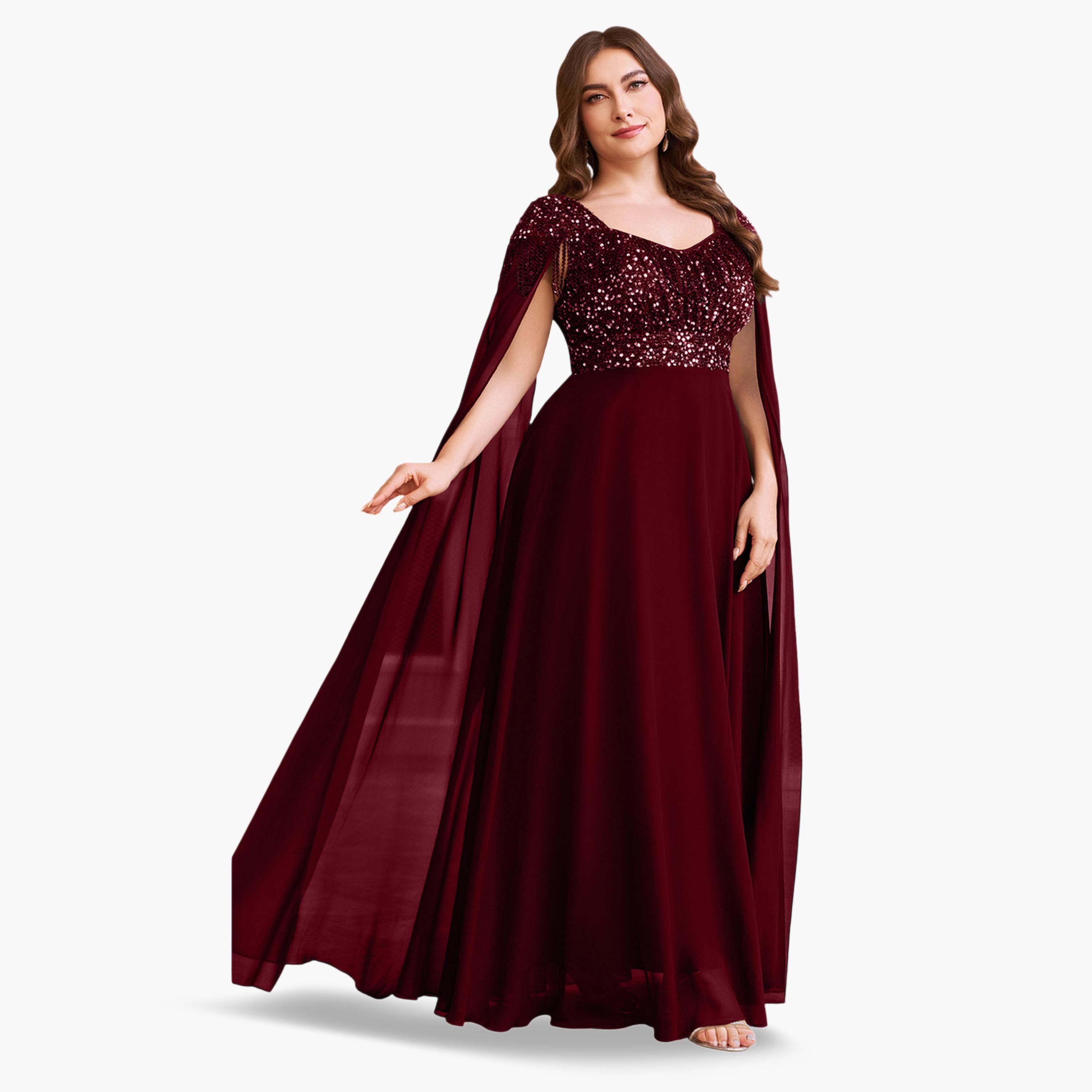 فستان طويل بحافة واسعة ومقاس كبير شيفون ومنمق بالترتر-women-clothing-dresses-image-2