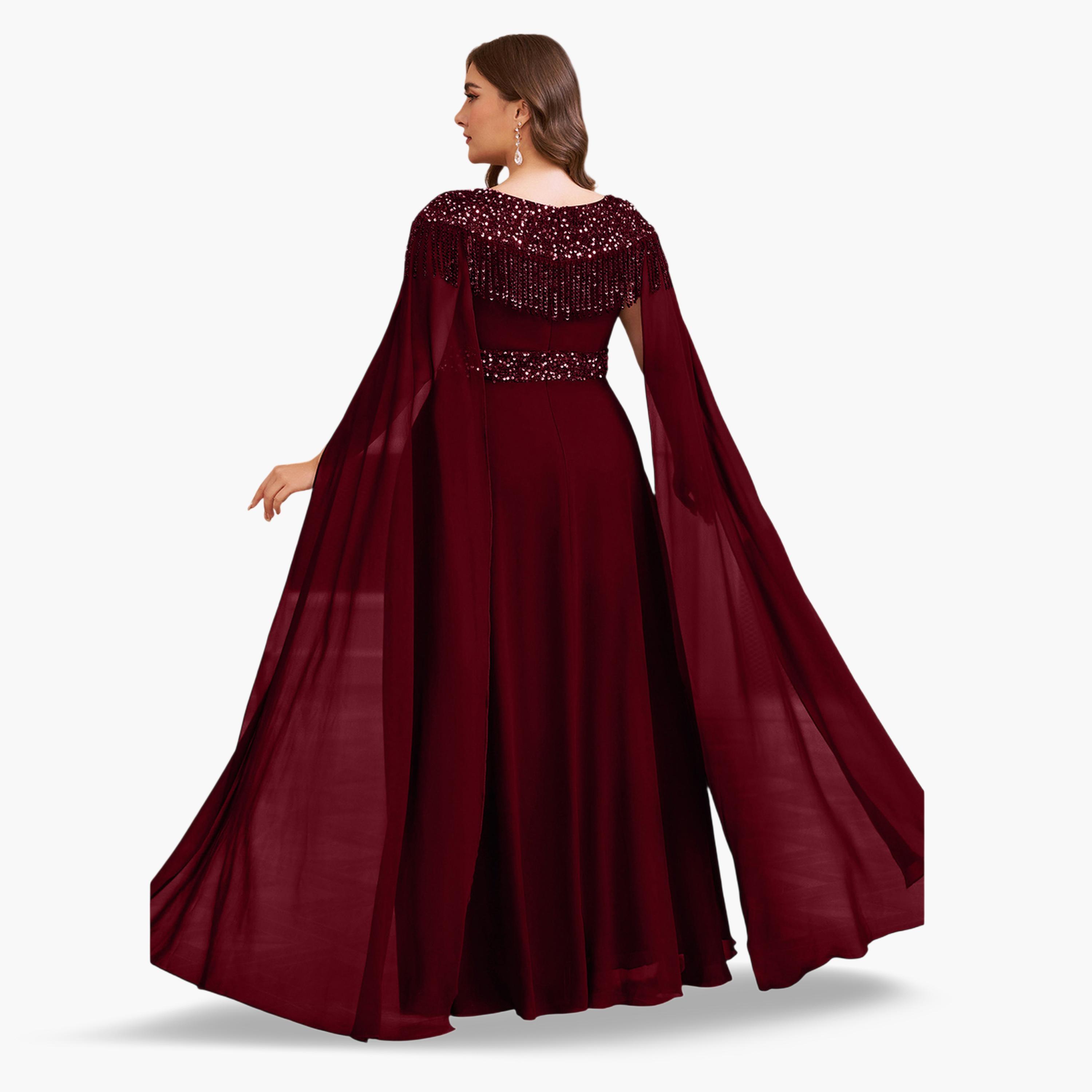 فستان طويل بحافة واسعة ومقاس كبير شيفون ومنمق بالترتر-women-clothing-dresses-image-3