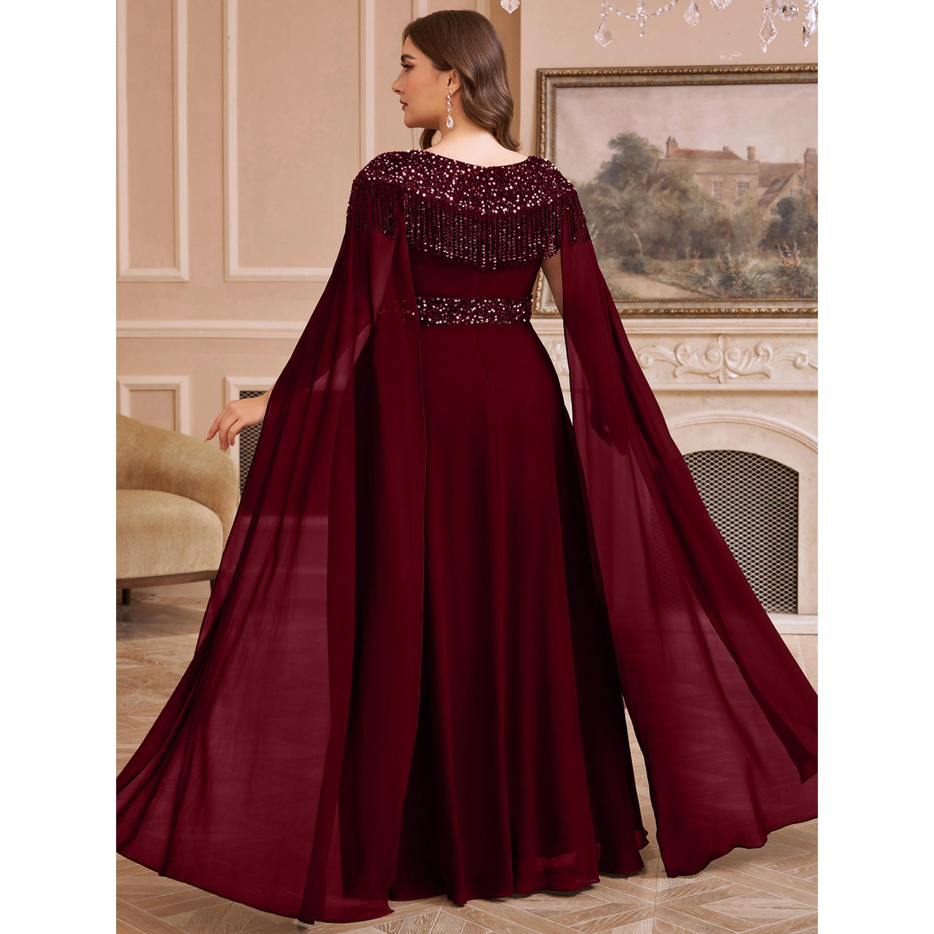 فستان طويل بحافة واسعة ومقاس كبير شيفون ومنمق بالترتر-women-clothing-dresses-image-4