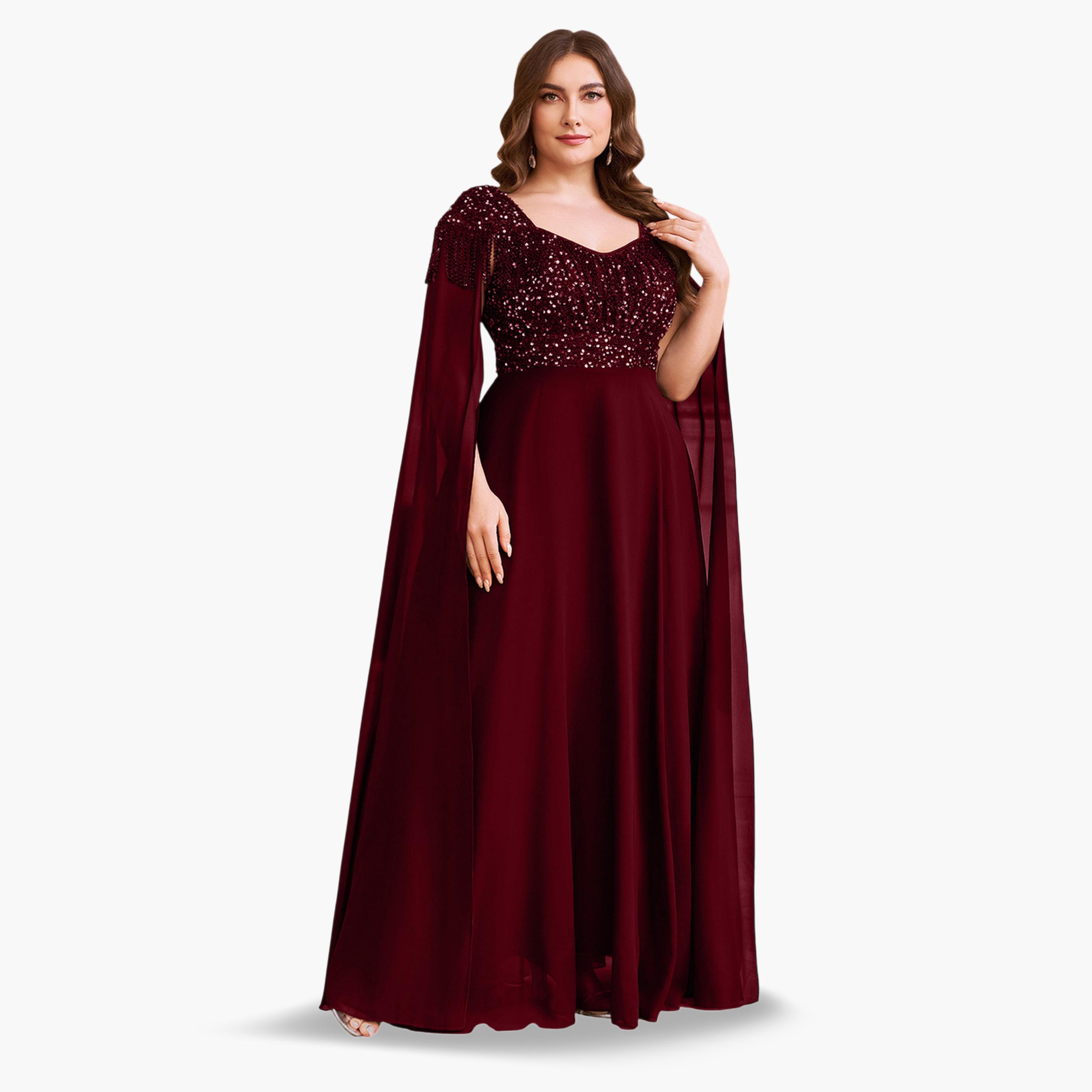 فستان طويل بحافة واسعة ومقاس كبير شيفون ومنمق بالترتر-women-clothing-dresses-image-5