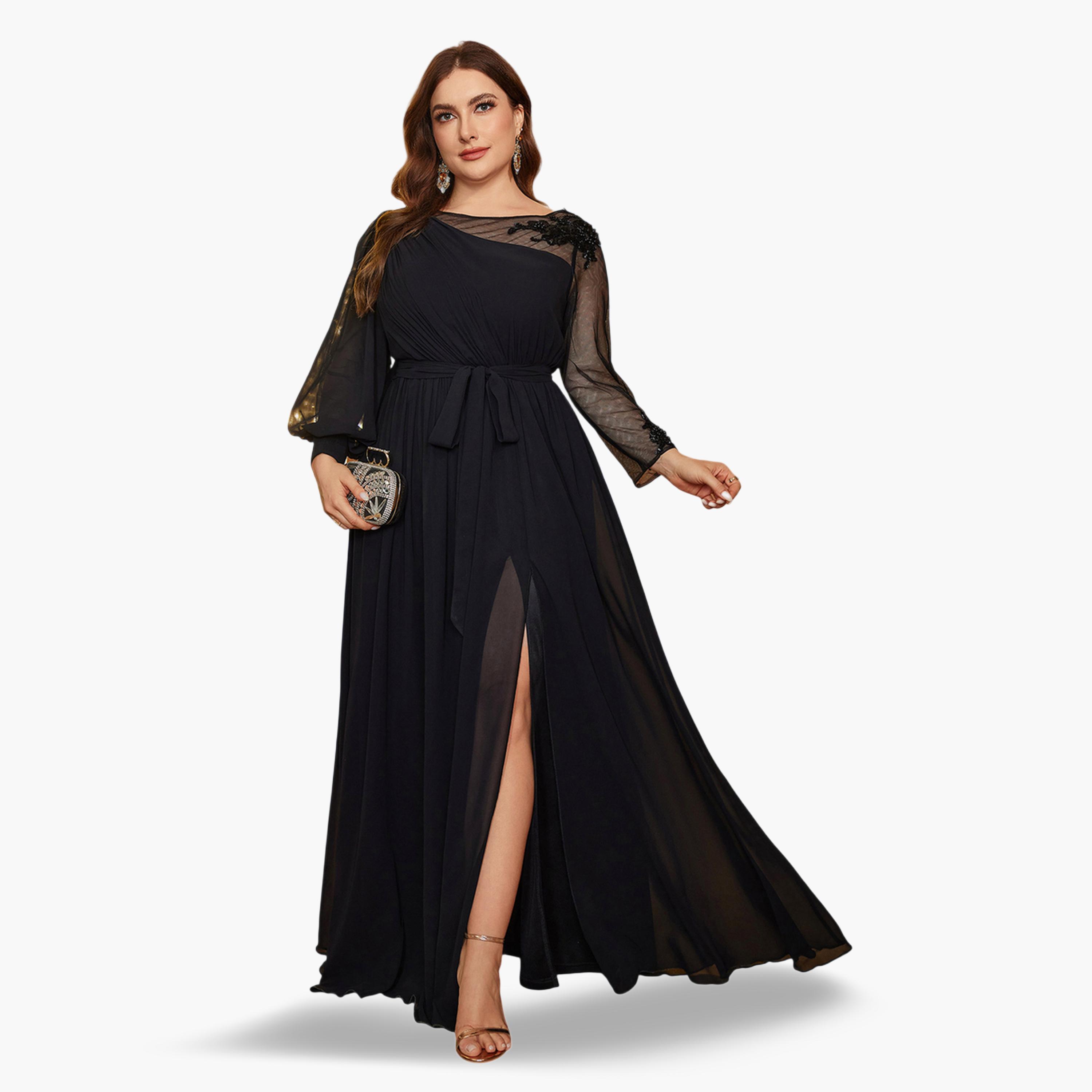 SUPGIR X Styli Plus Size Black Beads Embellished A-Line Chiffon Maxi Dress-women-clothing-dresses-image-1