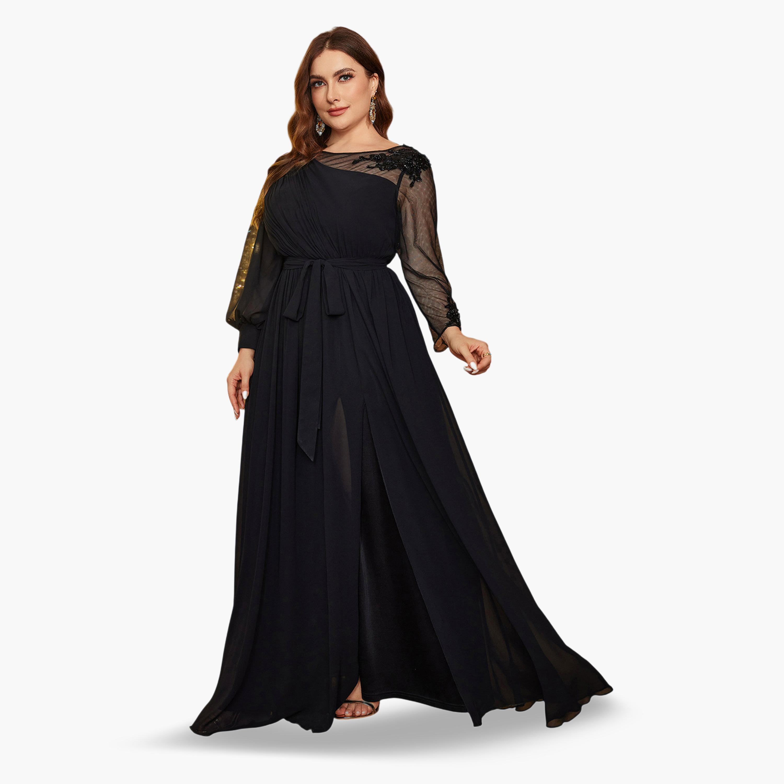 SUPGIR X Styli Plus Size Black Beads Embellished A-Line Chiffon Maxi Dress-women-clothing-dresses-image-2