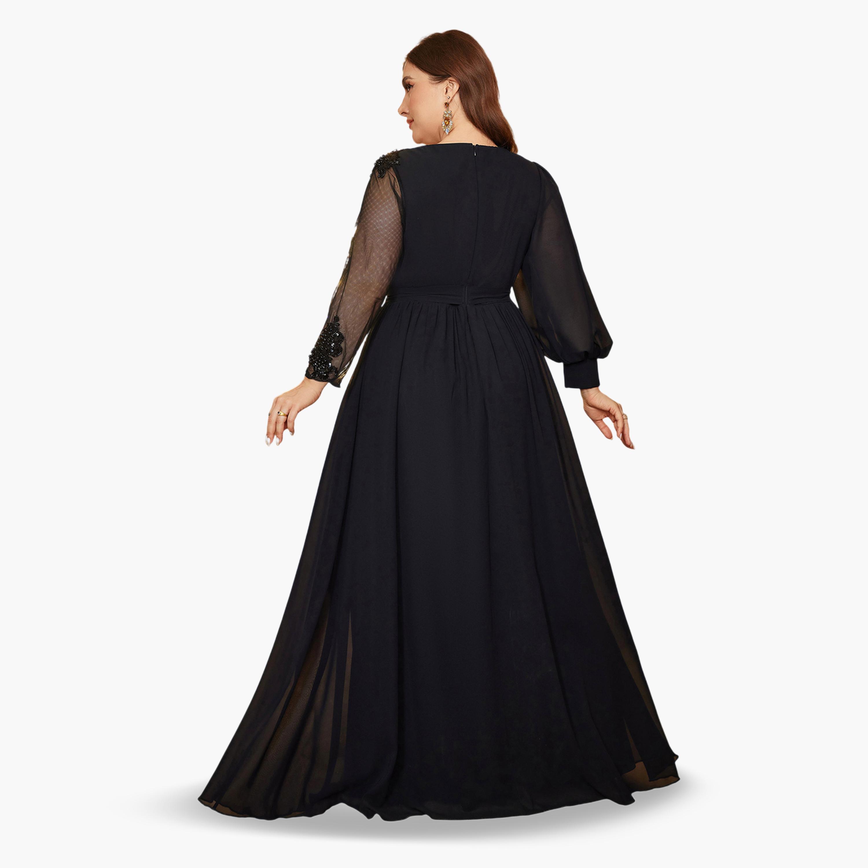 SUPGIR X Styli Plus Size Black Beads Embellished A-Line Chiffon Maxi Dress-women-clothing-dresses-image-3