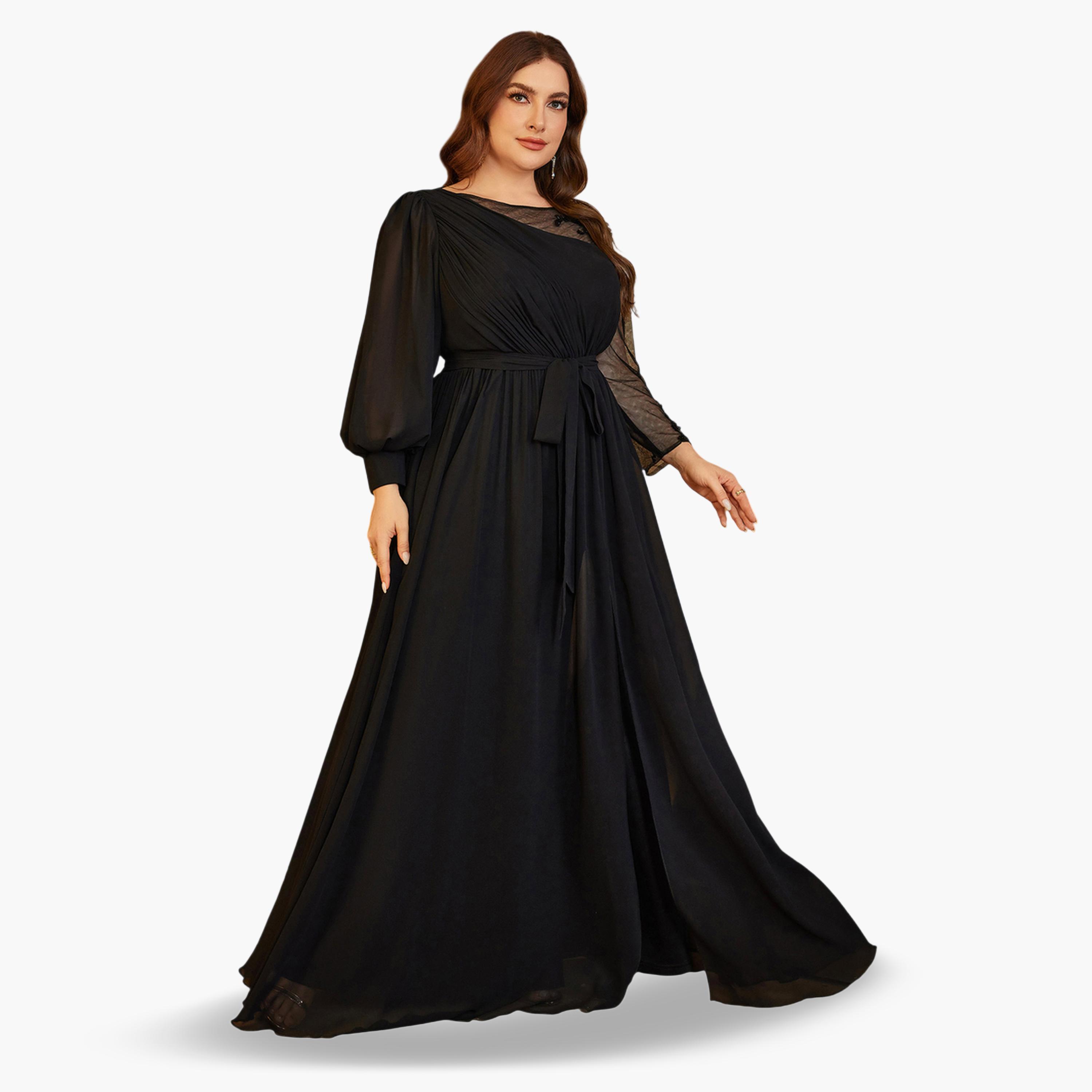 SUPGIR X Styli Plus Size Black Beads Embellished A-Line Chiffon Maxi Dress-women-clothing-dresses-image-4