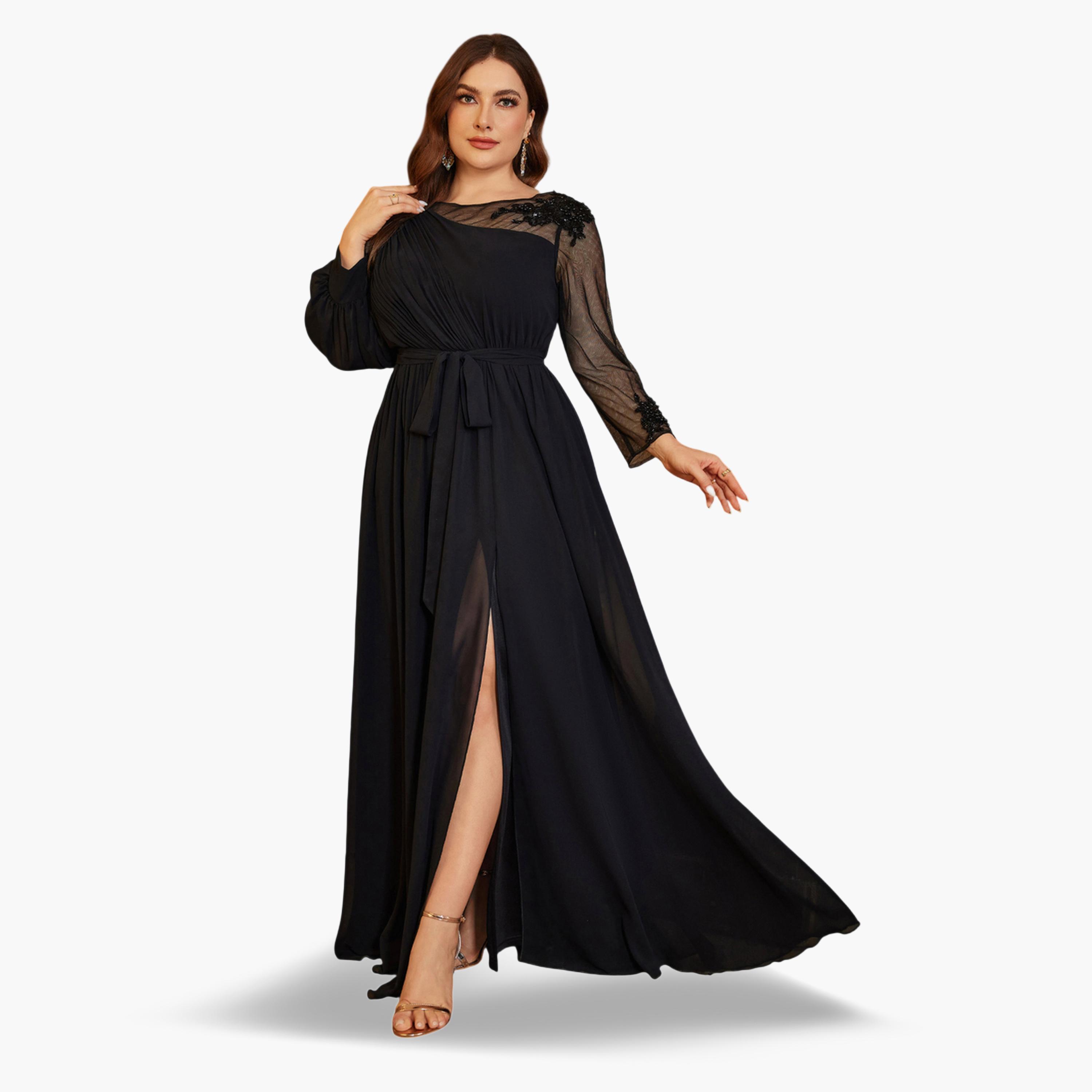 SUPGIR X Styli Plus Size Black Beads Embellished A-Line Chiffon Maxi Dress-women-clothing-dresses-image-5