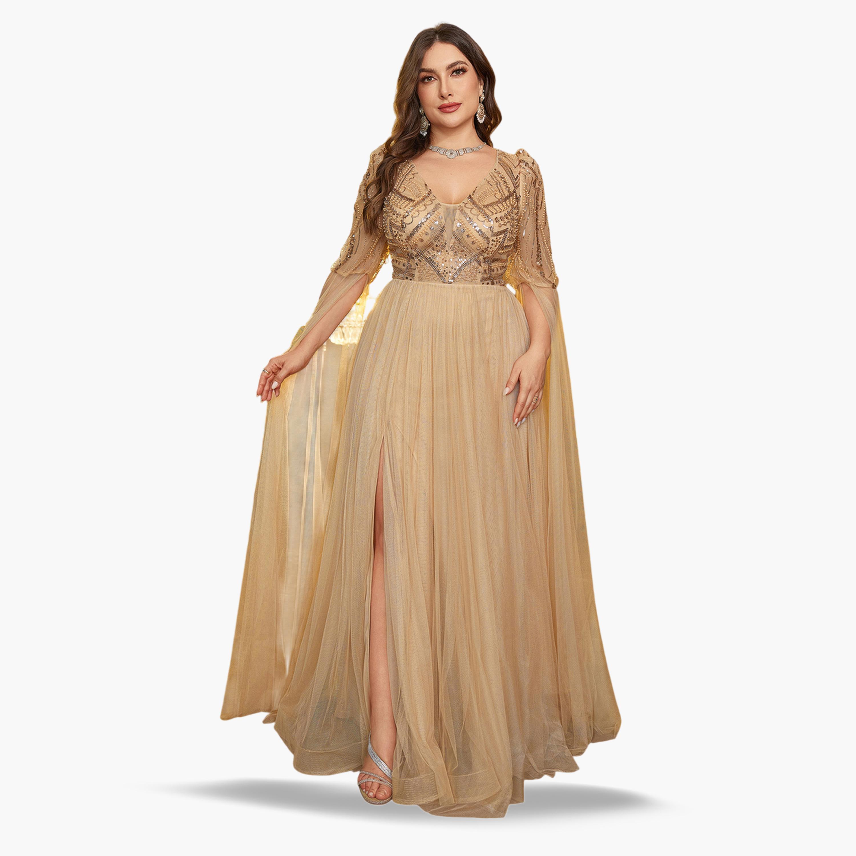 فستان طويل بحافة واسعة ومقاس كبير ذهبي تول بأكمام كاب ومزين-women-clothing-dresses-image-1