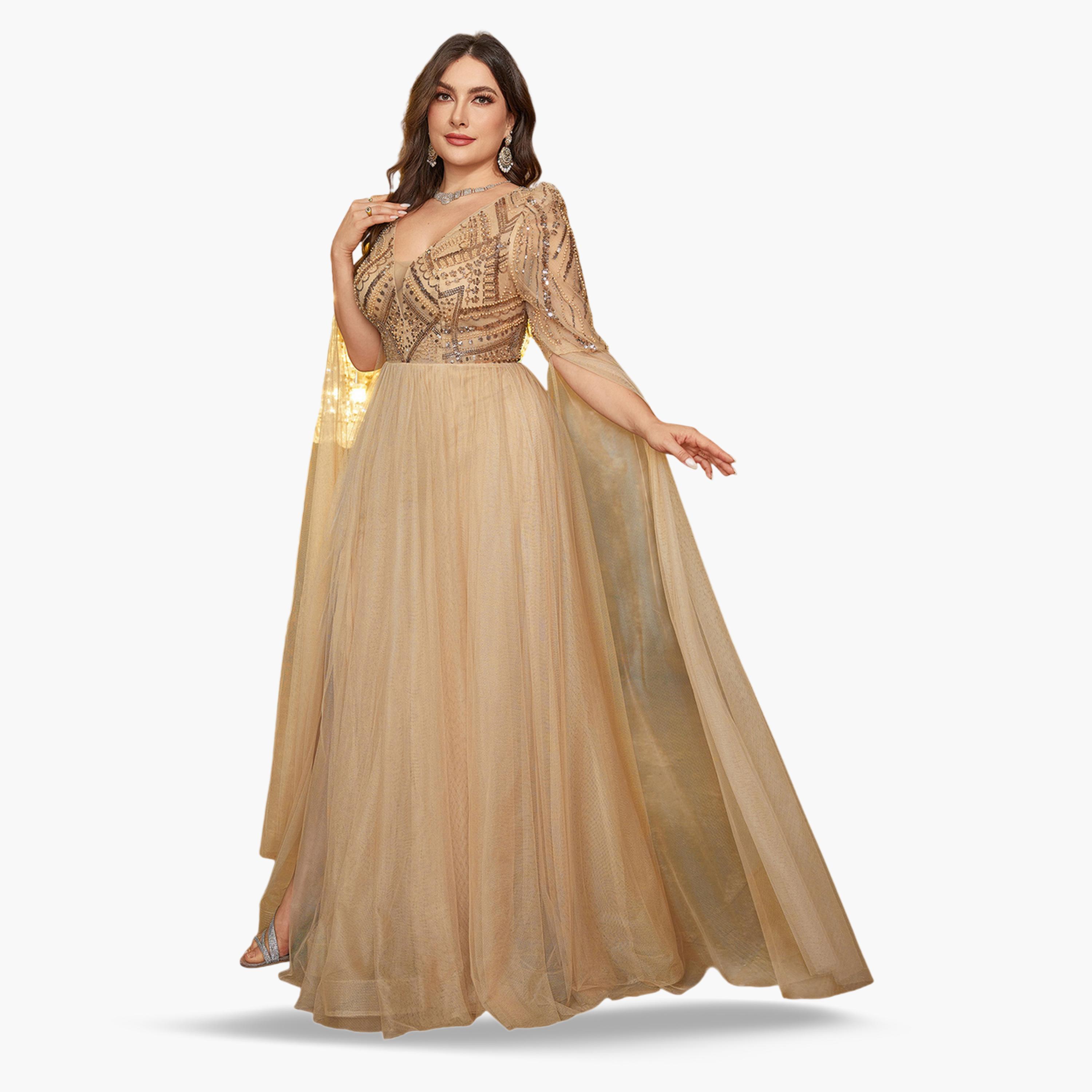 فستان طويل بحافة واسعة ومقاس كبير ذهبي تول بأكمام كاب ومزين-women-clothing-dresses-image-2