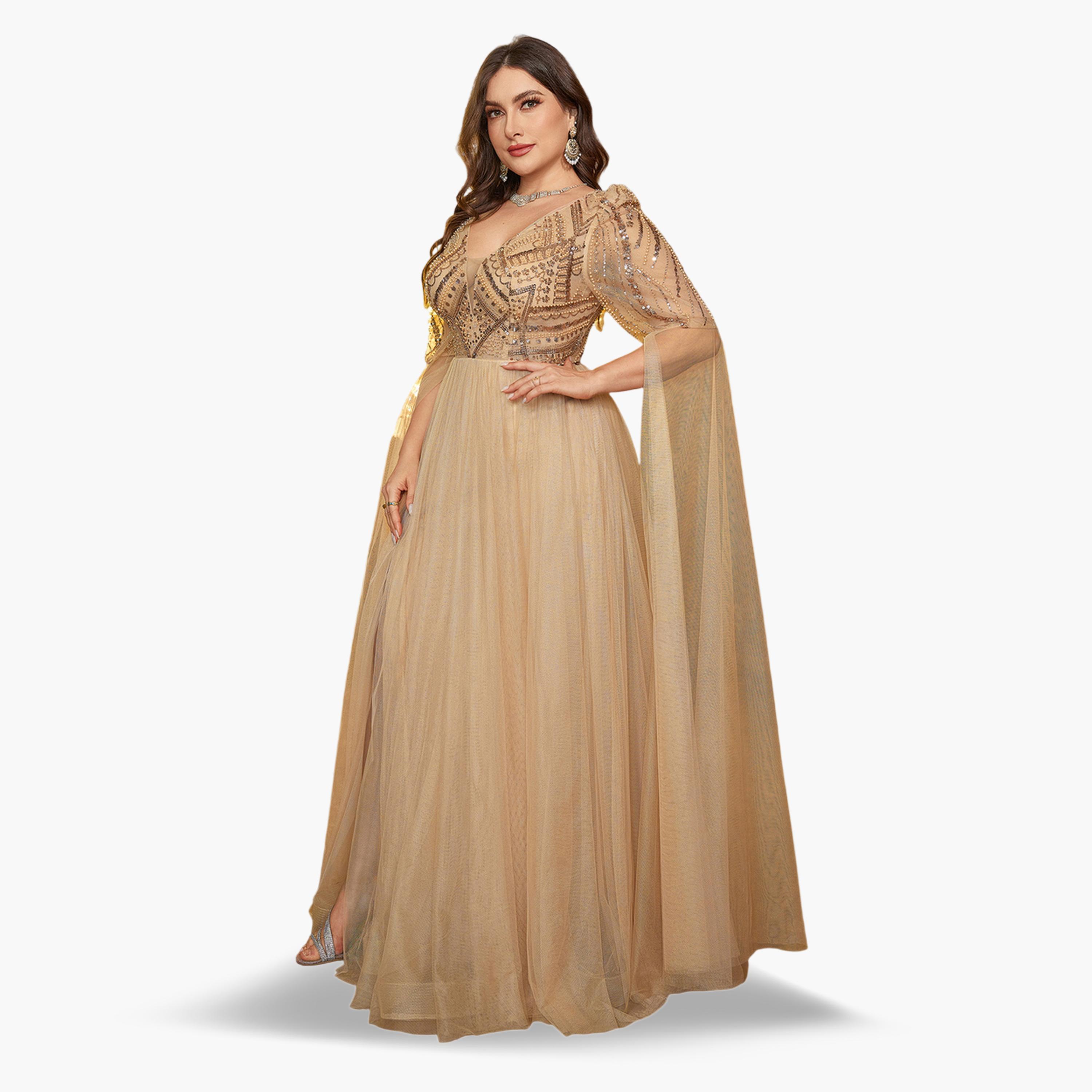 فستان طويل بحافة واسعة ومقاس كبير ذهبي تول بأكمام كاب ومزين-women-clothing-dresses-image-3