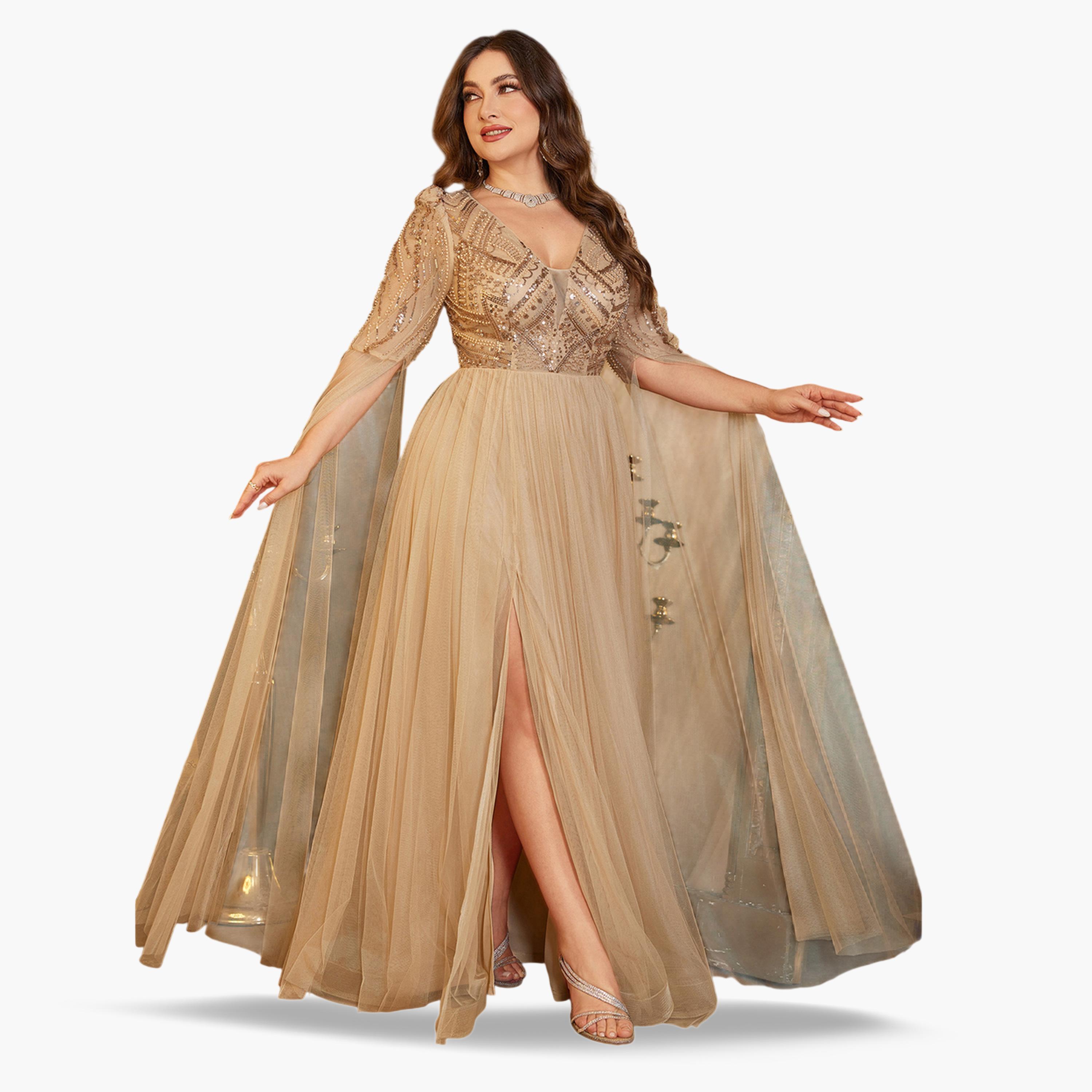 فستان طويل بحافة واسعة ومقاس كبير ذهبي تول بأكمام كاب ومزين-women-clothing-dresses-image-4
