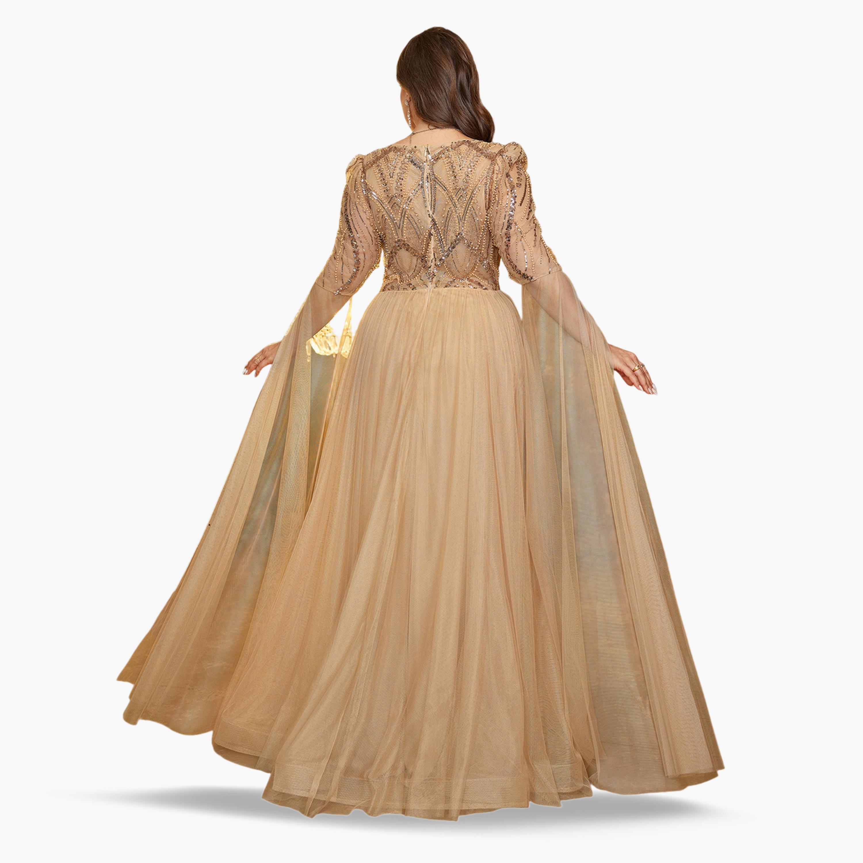 فستان طويل بحافة واسعة ومقاس كبير ذهبي تول بأكمام كاب ومزين-women-clothing-dresses-image-5