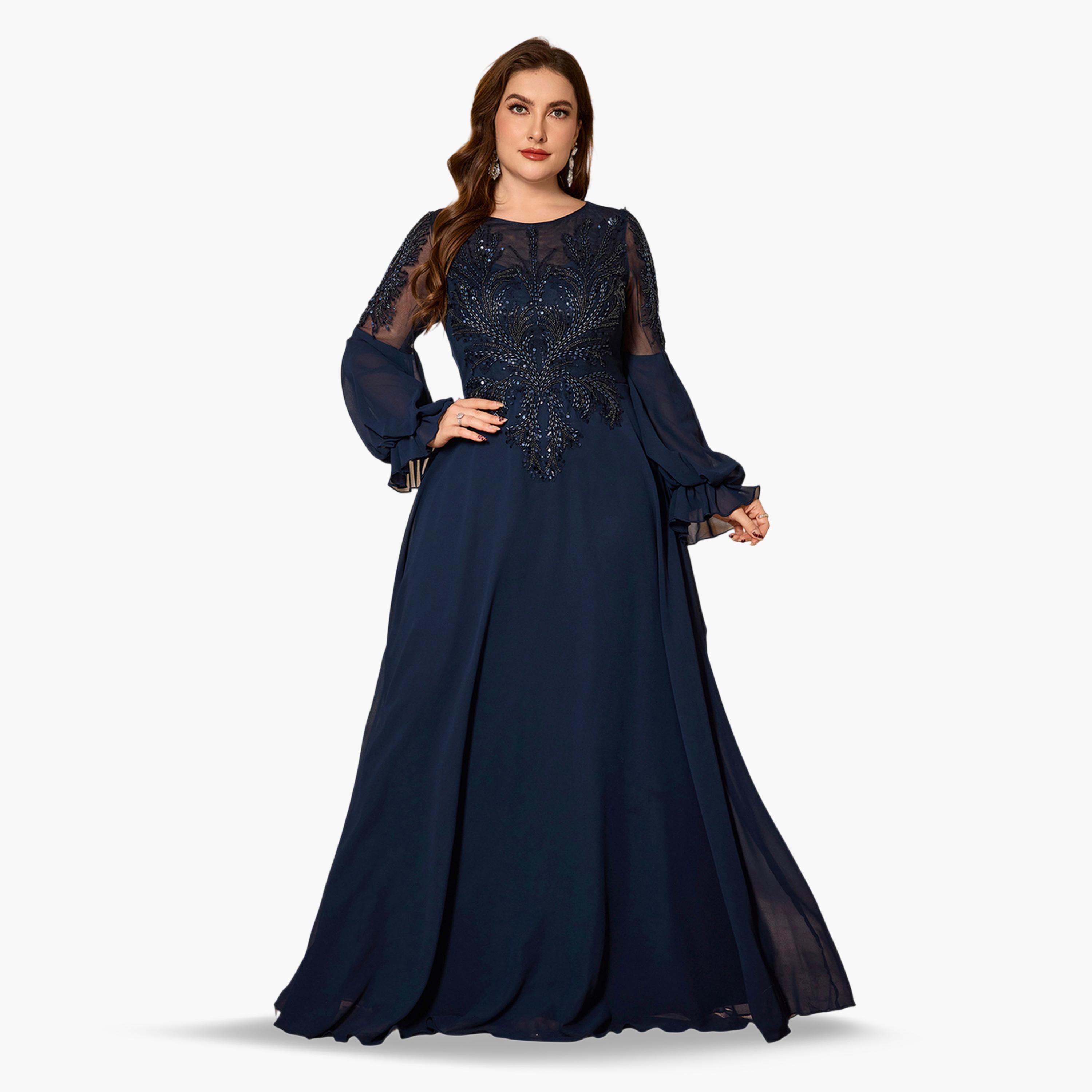 SUPGIR X Styli Plus Size Navy Blue Embroidered A-Line Maxi Dress-women-clothing-dresses-image-1
