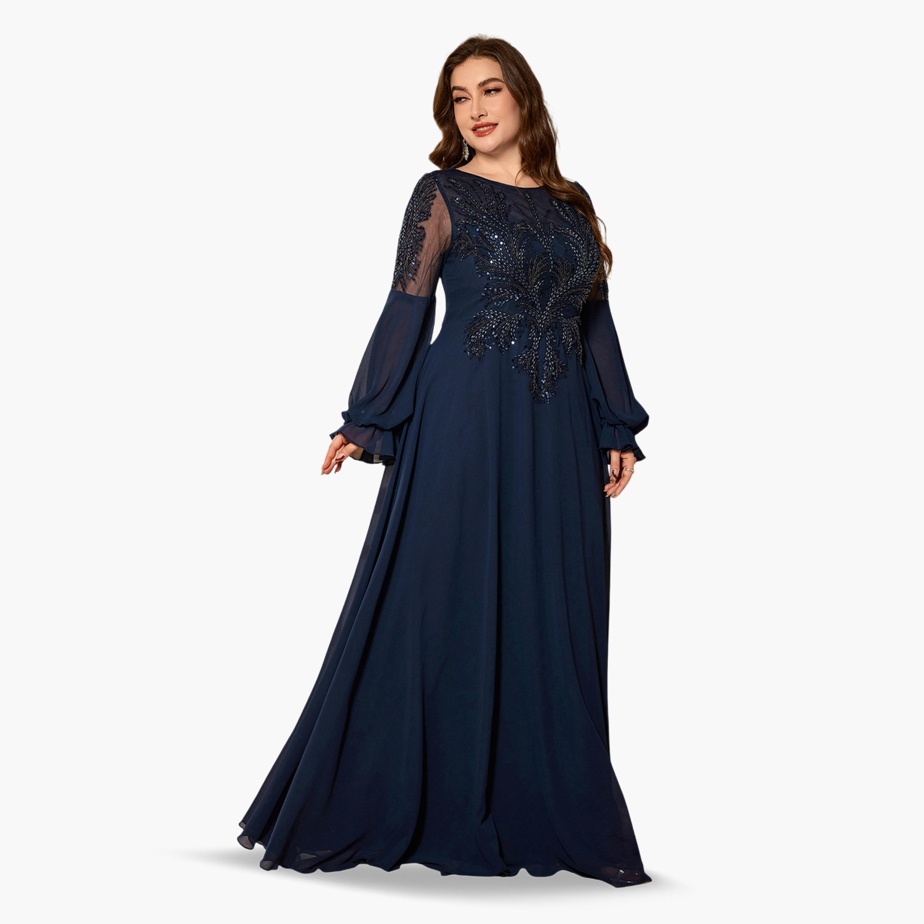 SUPGIR X Styli Plus Size Navy Blue Embroidered A-Line Maxi Dress-women-clothing-dresses-image-2