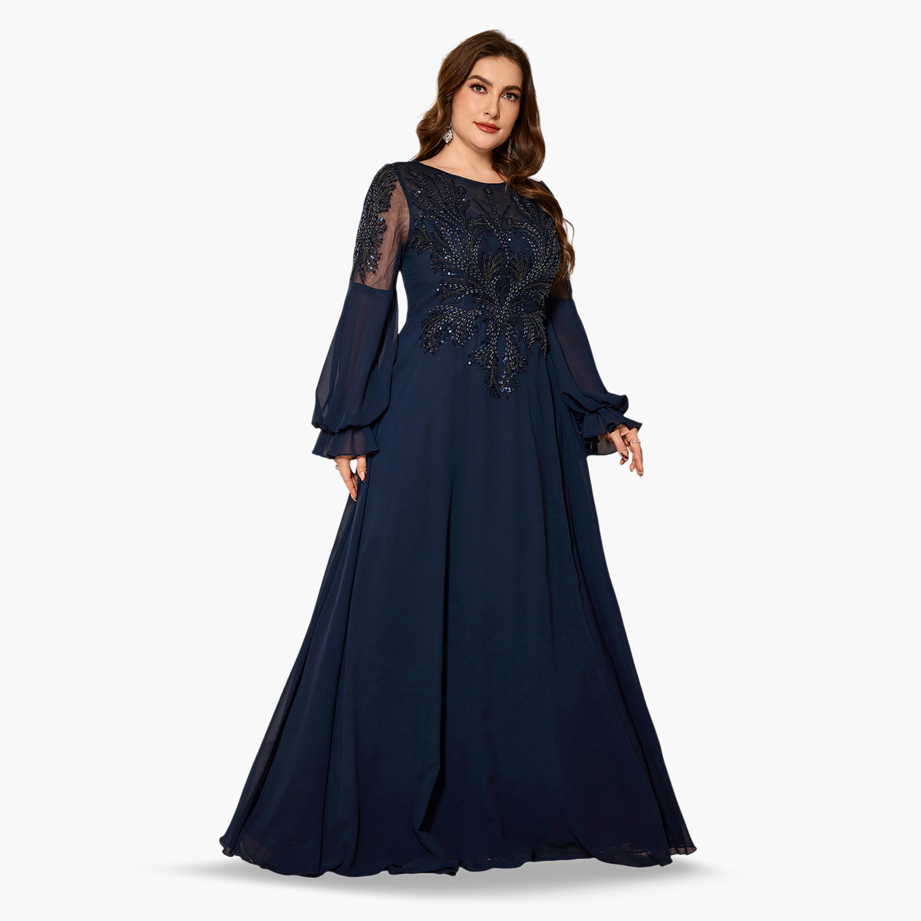 SUPGIR X Styli Plus Size Navy Blue Embroidered A-Line Maxi Dress-women-clothing-dresses-image-3