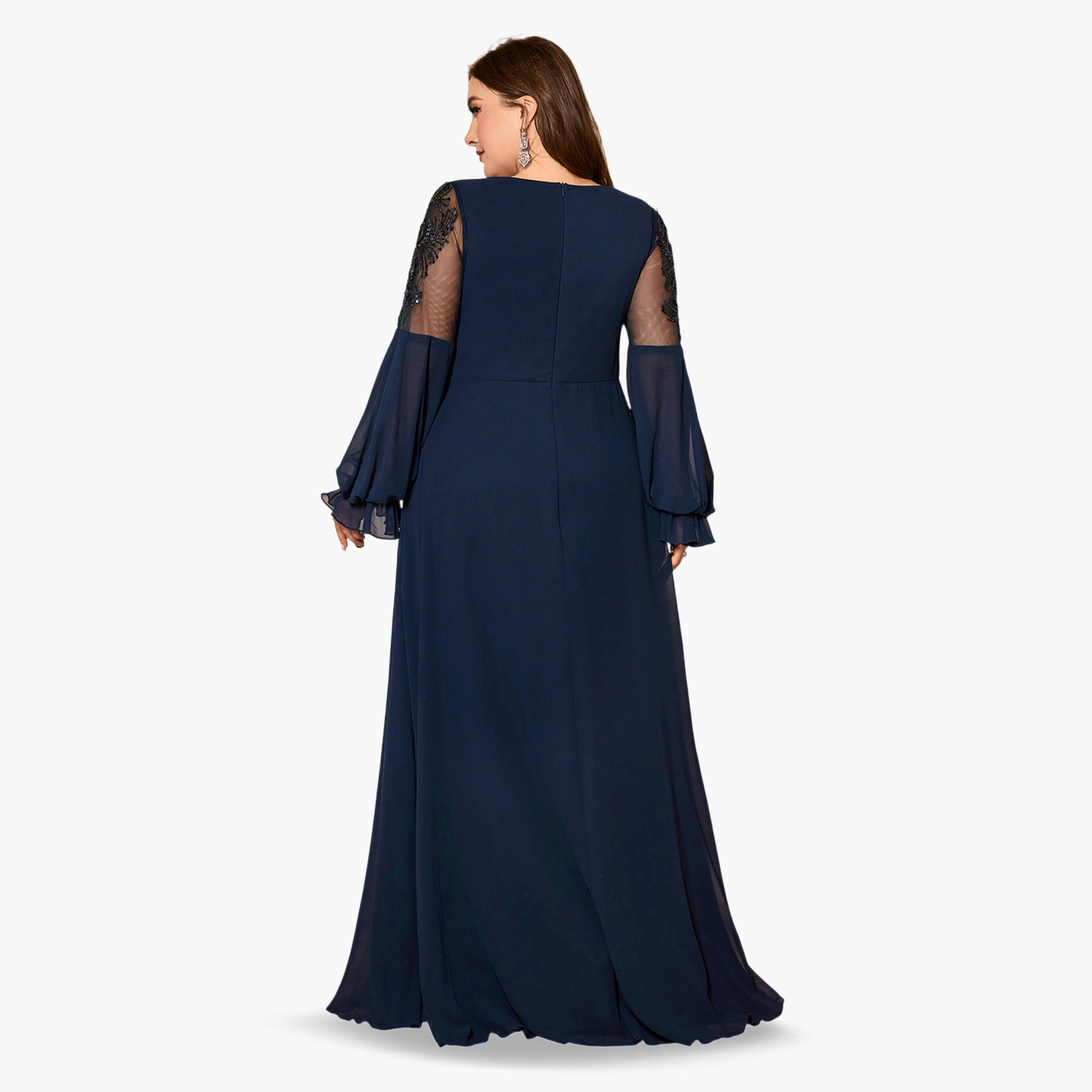 SUPGIR X Styli Plus Size Navy Blue Embroidered A-Line Maxi Dress-women-clothing-dresses-image-4