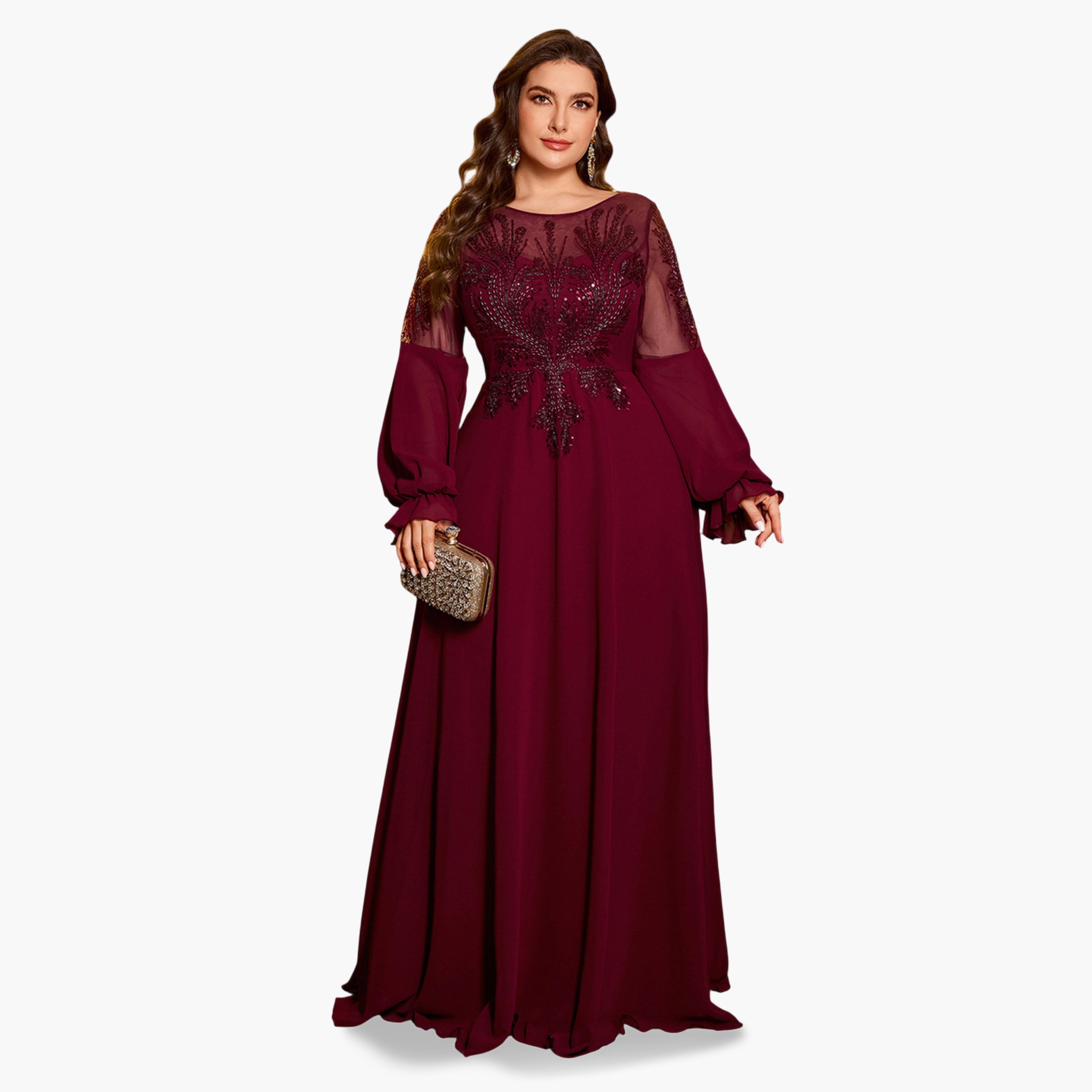 فستان طويل بحافة واسعة وأكمام شيفون ومزين بمقاس كبير-women-clothing-dresses-image-1