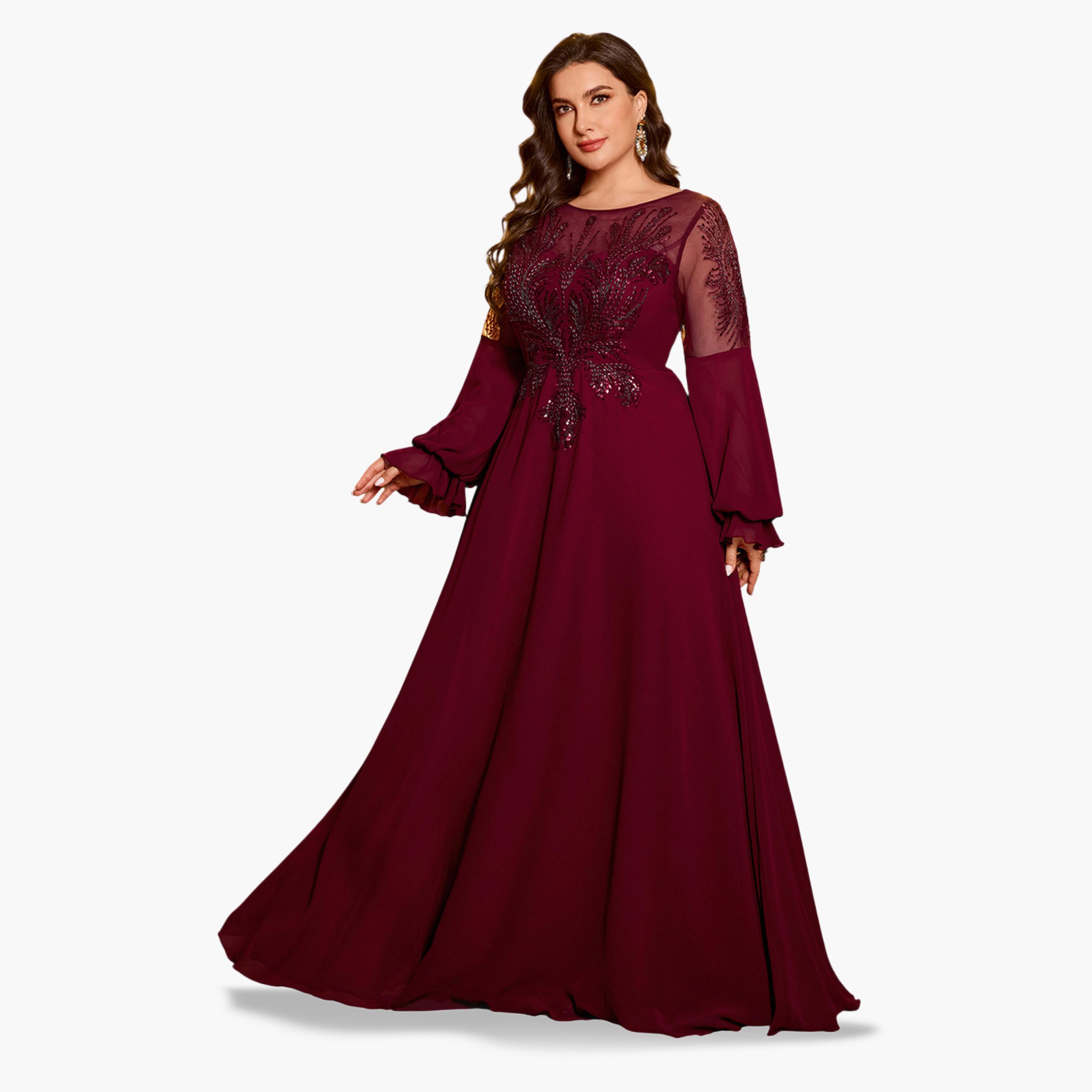 فستان طويل بحافة واسعة وأكمام شيفون ومزين بمقاس كبير-women-clothing-dresses-image-2
