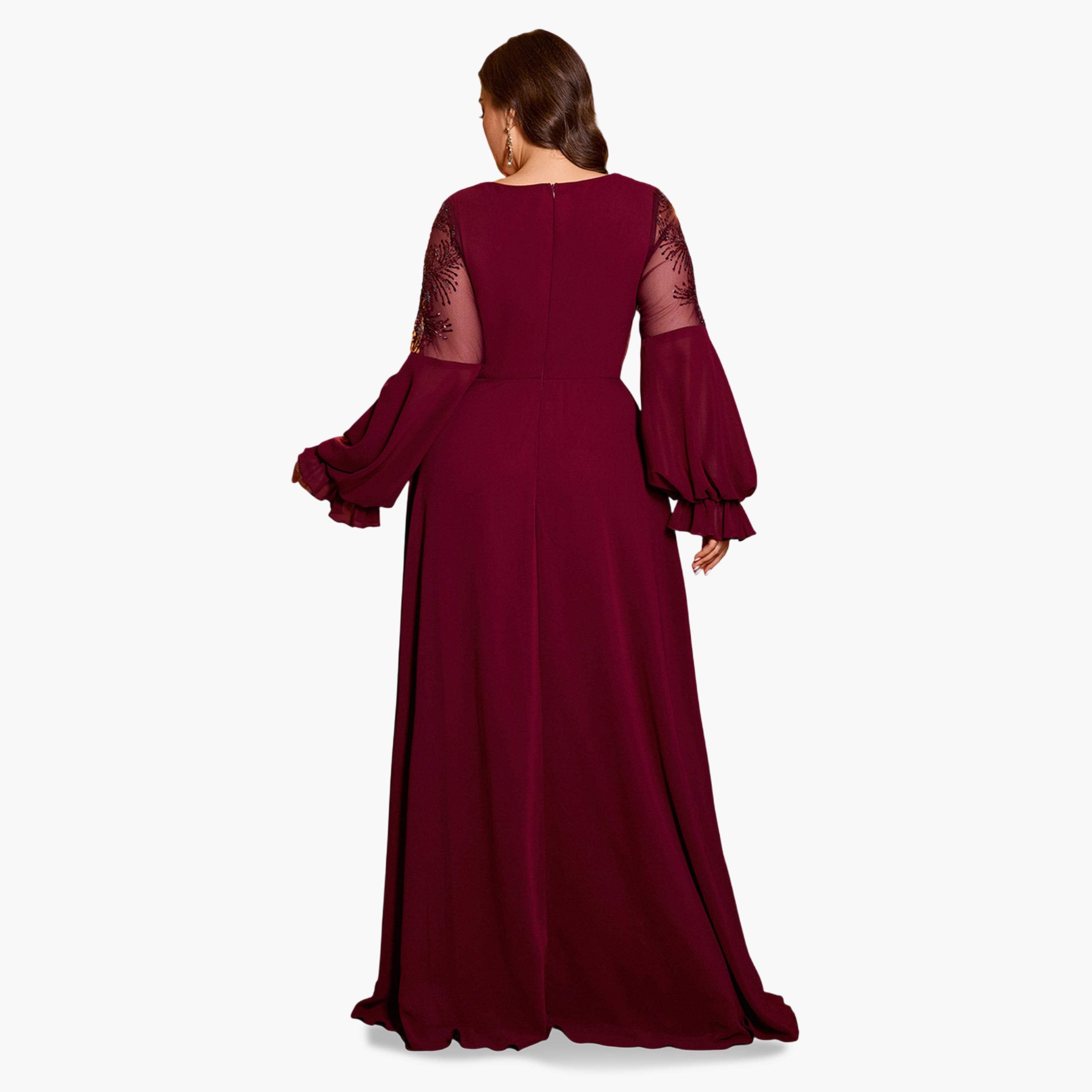 فستان طويل بحافة واسعة وأكمام شيفون ومزين بمقاس كبير-women-clothing-dresses-image-3