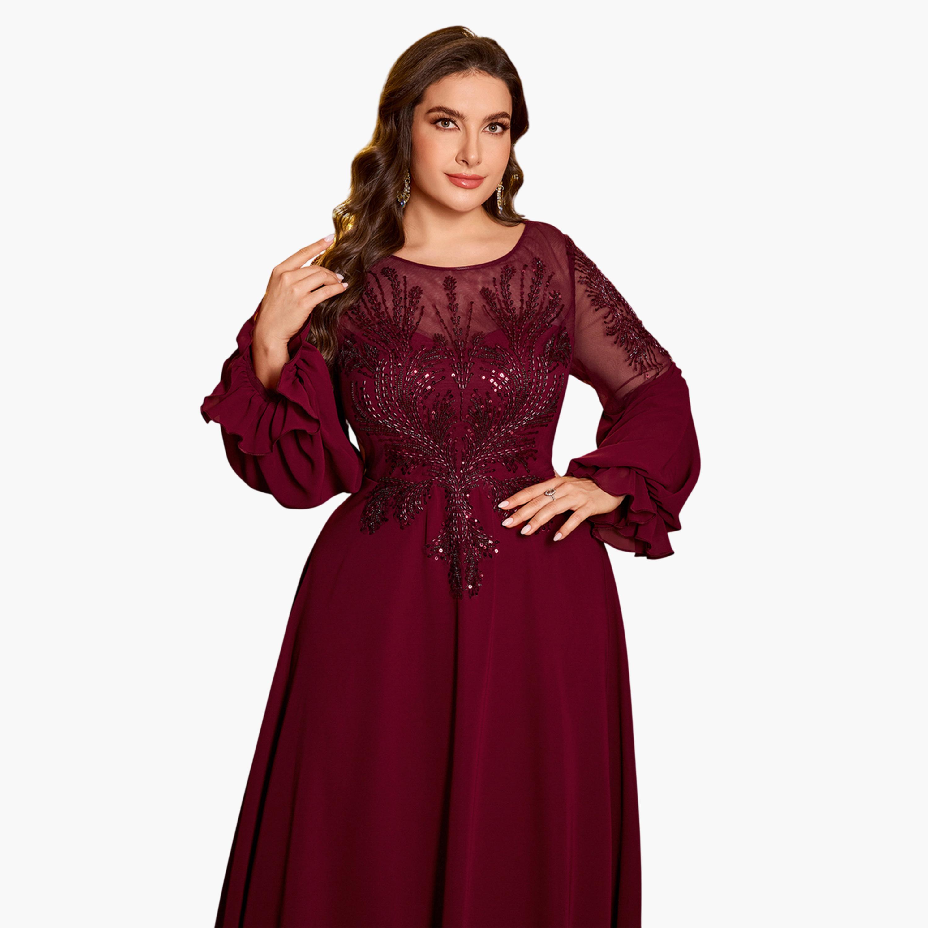 فستان طويل بحافة واسعة وأكمام شيفون ومزين بمقاس كبير-women-clothing-dresses-image-4