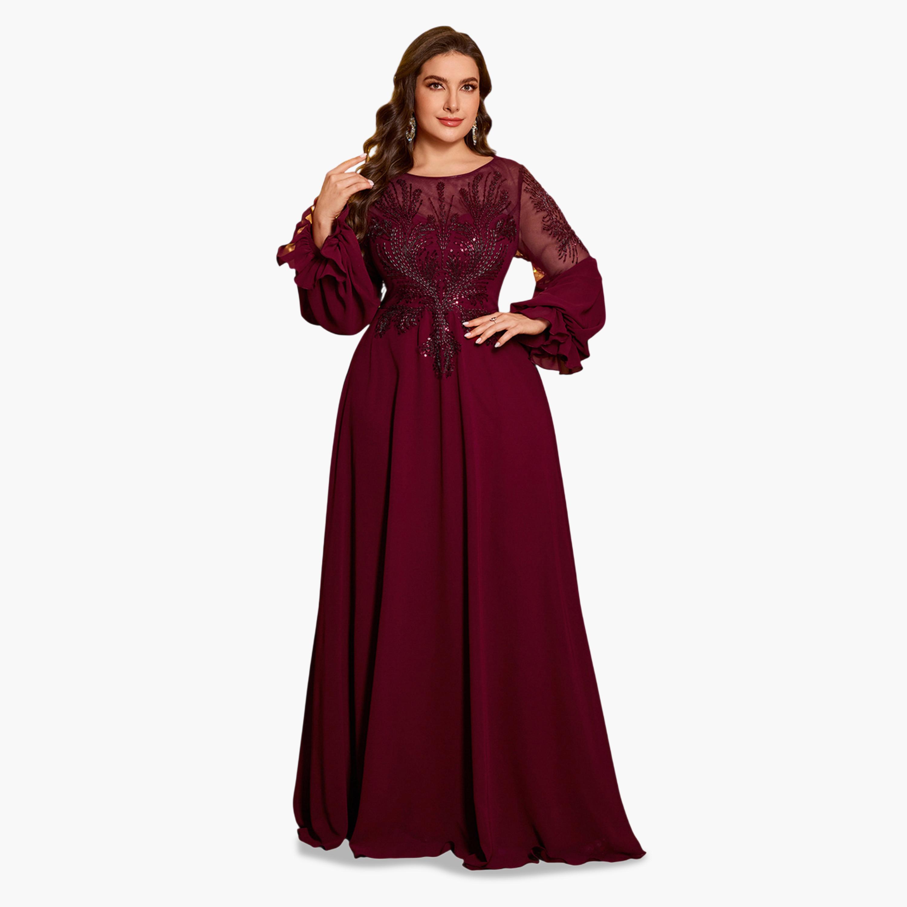 فستان طويل بحافة واسعة وأكمام شيفون ومزين بمقاس كبير-women-clothing-dresses-image-5
